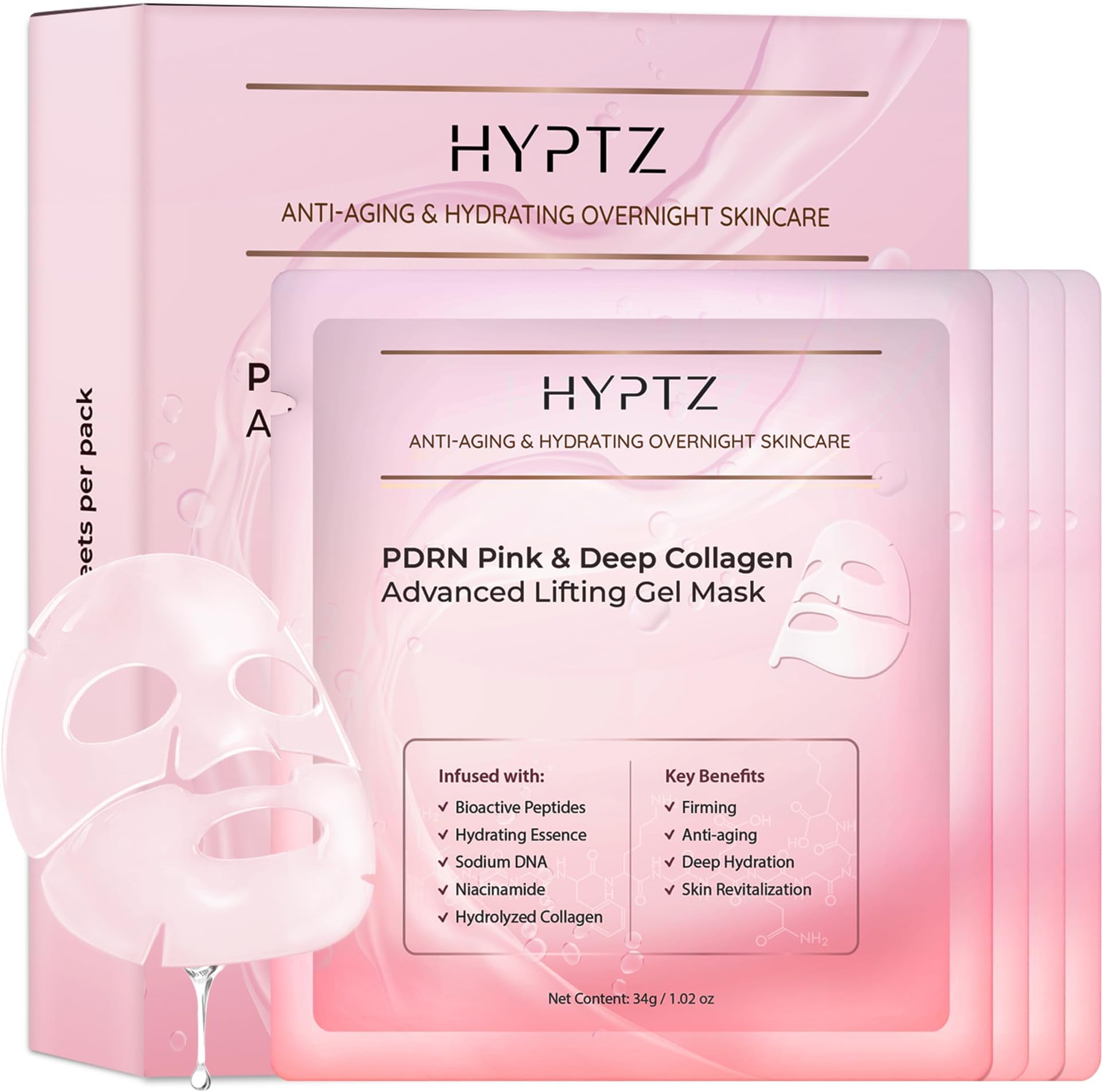 Salmon DNA PDRN Collagen Face Mask – Korean Face Mask for Glass Skin – Collagen Face Masks Skincare Overnight Hydrogel – Firming, Hydrating Face Masks, Pink Collagen Mask 4-Pack