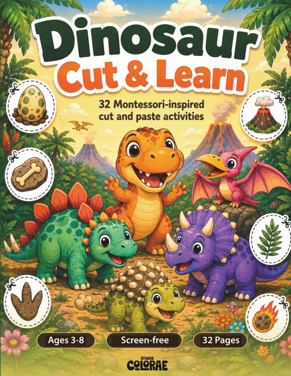 Dinosaur Cut & Learn: Montessori-Inspired Cut and Paste Activity Book for Kids Ages 3-8