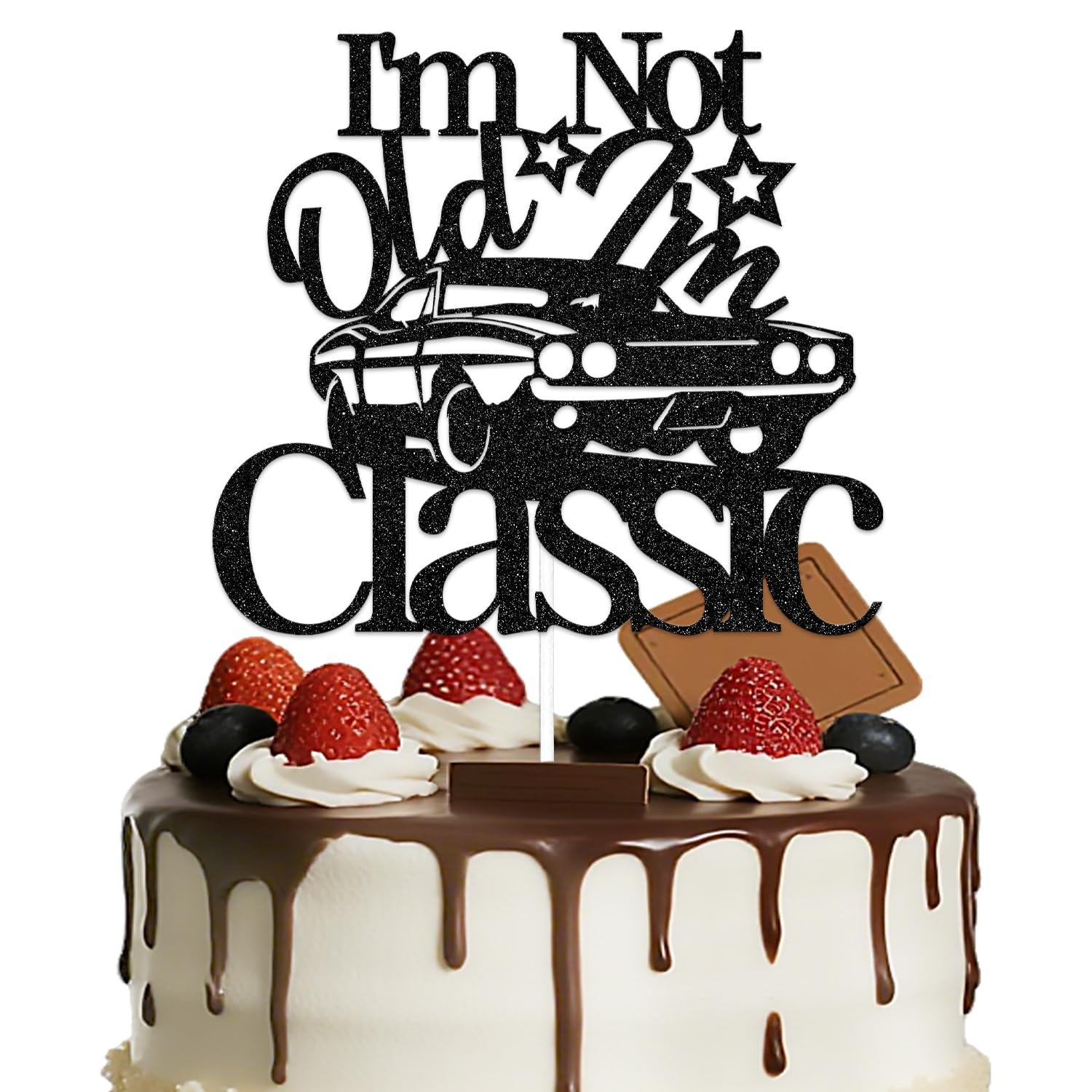I'm Not Old I'm Classic Cake Topper Classic Car Vintage Car Birthday Cake Decoration Funny 40th 50th 60th Birthday Anniversary Party Decoration for Men Black Glitter