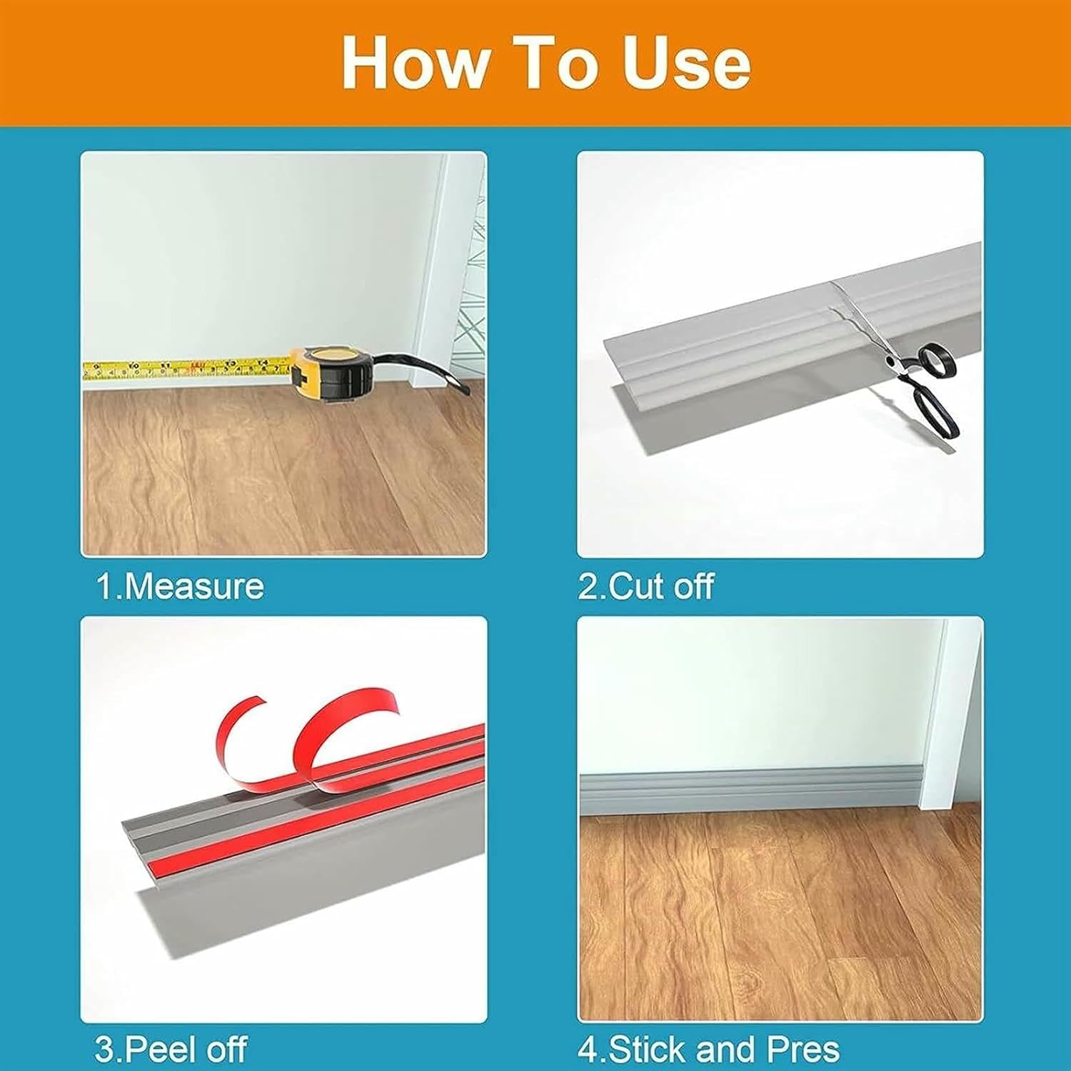 Flexible Baseboards Molding Trim，Flexible Trim, 4 Inch(W) x 16. Feet(L) Self-Adhesive Wall Base Boards Moulding, Rubber~/