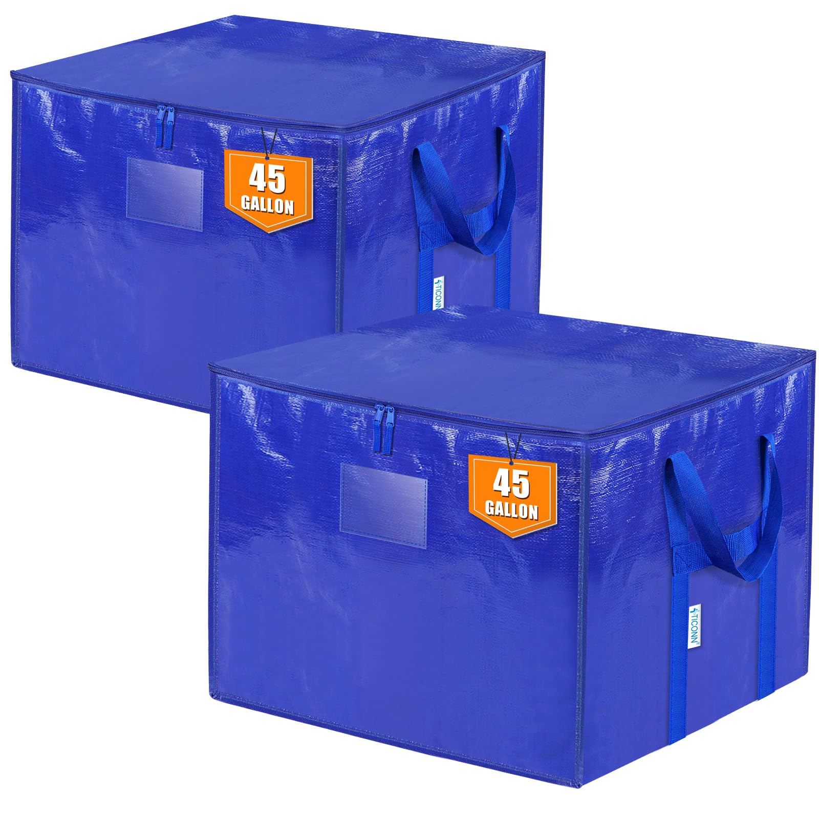 TICONN 2 Pack Extra Large Moving Bags with Zippers & Carrying Handles, Heavy-Duty Storage Tote Moving Boxes for Space Saving (2 PK, 45 Gallon)