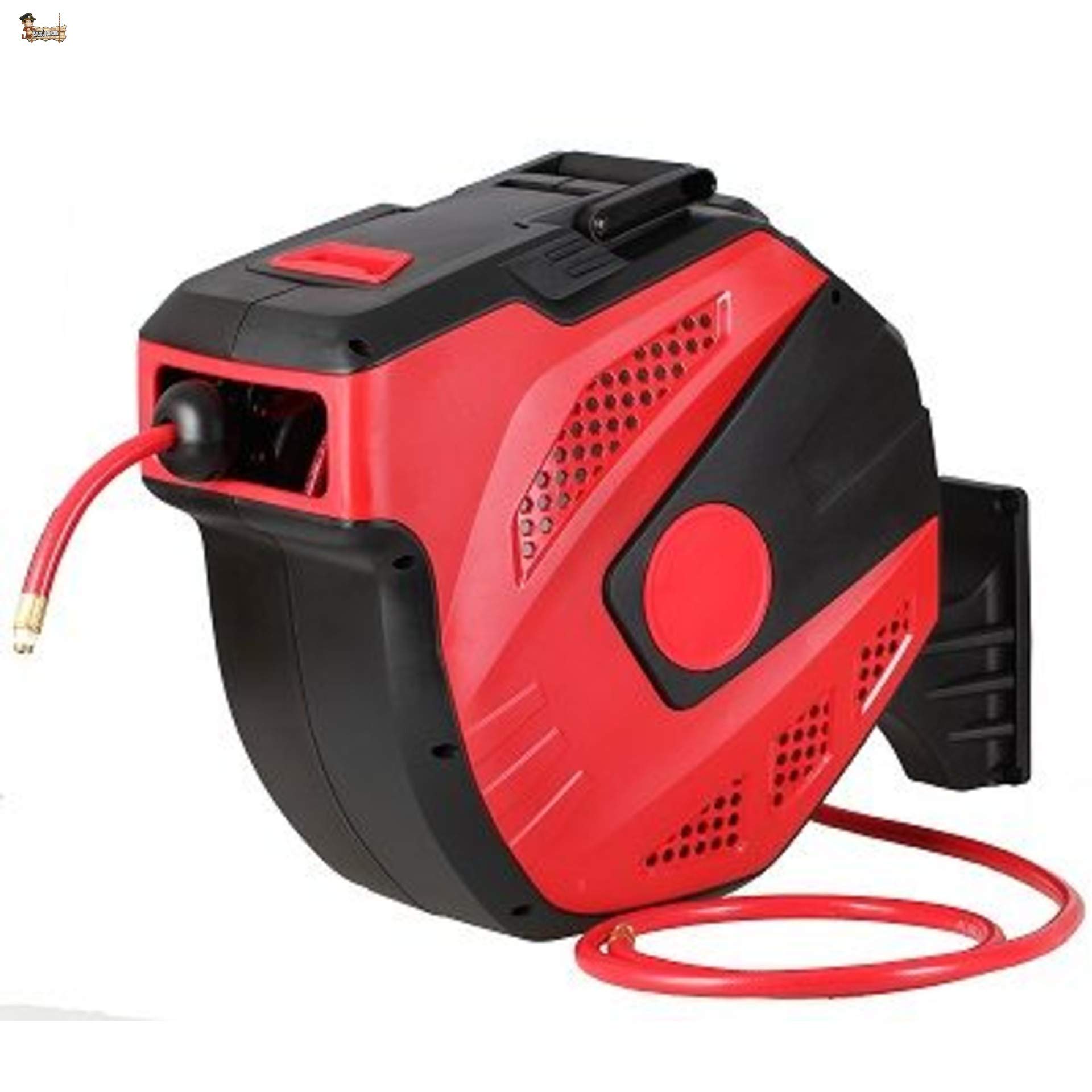 BricoLoco Enrollador automático manguera aire comprimido para compresor. Tambor 20+2 metro. Retráctil. Soporte a pared que permite giro a 180º. Manguera PVC flexible.