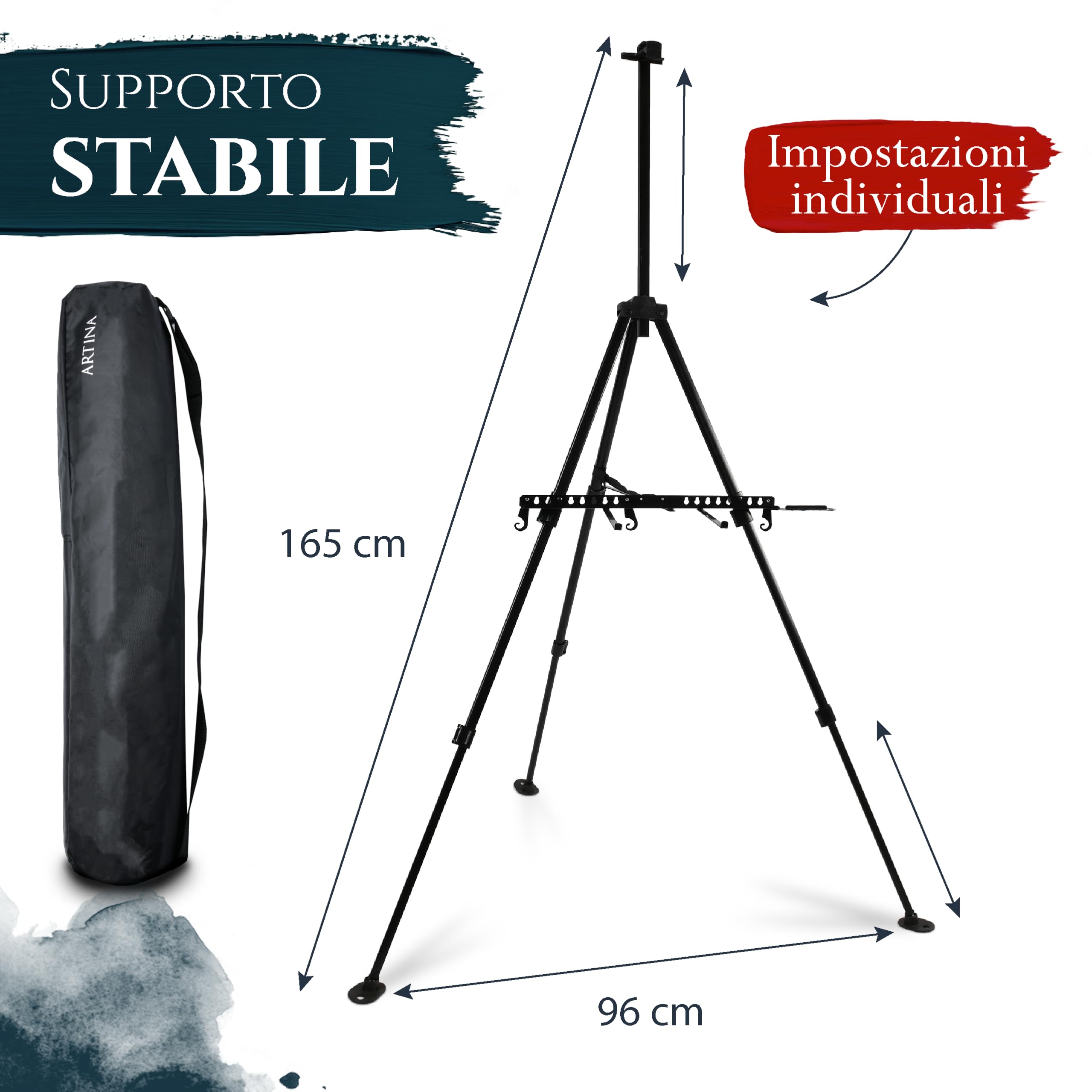 Artina Cavalletto Pittura da studio in alluminio Paris 165cm - Cavalletto da tavolo e da campo per dipingere - Per tele di diverse grandezze - Cavalletto per pittura portatile e stabile