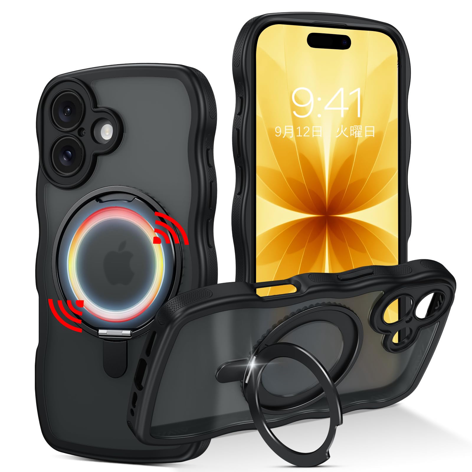 GUAGUA iPhone17 ウェーブ Magsafe対応 ケース クリア いphone 17 ソフトうねうね 透明 マット感 かわいい 人気 韓国 耐衝撃 おしゃれ 黄ばみなし 米軍規格 耐衝撃 マグセーフ リング マグネット 滑り止め なみなみ アイフォン 17用カバー（ブラック）