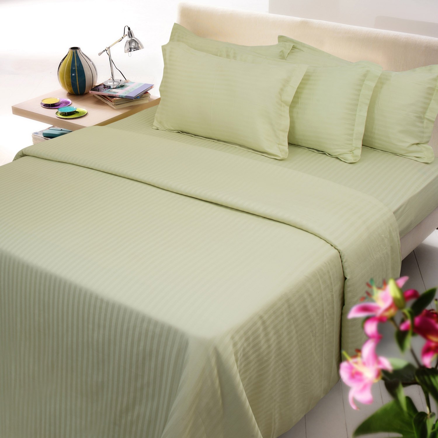 MarkHome 100% Cotton Sateen 1cm Stripe 300 TC Single Bed Sheet Set Lime