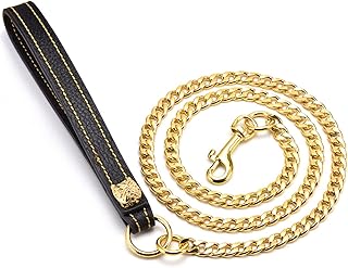 Metal Chain Dog Leash, 12mm Heavy Duty Chew Proof Pet Leash Chain, Stainless Steel Cuban Link Chain Leash with Leather Handle for Large Medium Small Dogs