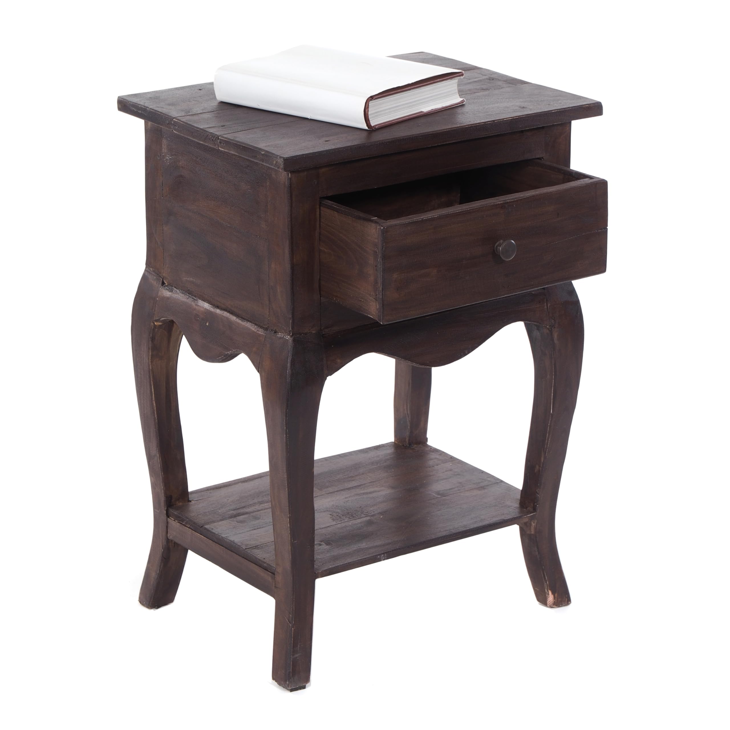 Design Delights Napoleon - Tavolino in Legno Riciclato, con cassetto, 64 x 45 x 34 cm, Marrone Scuro,Comodino