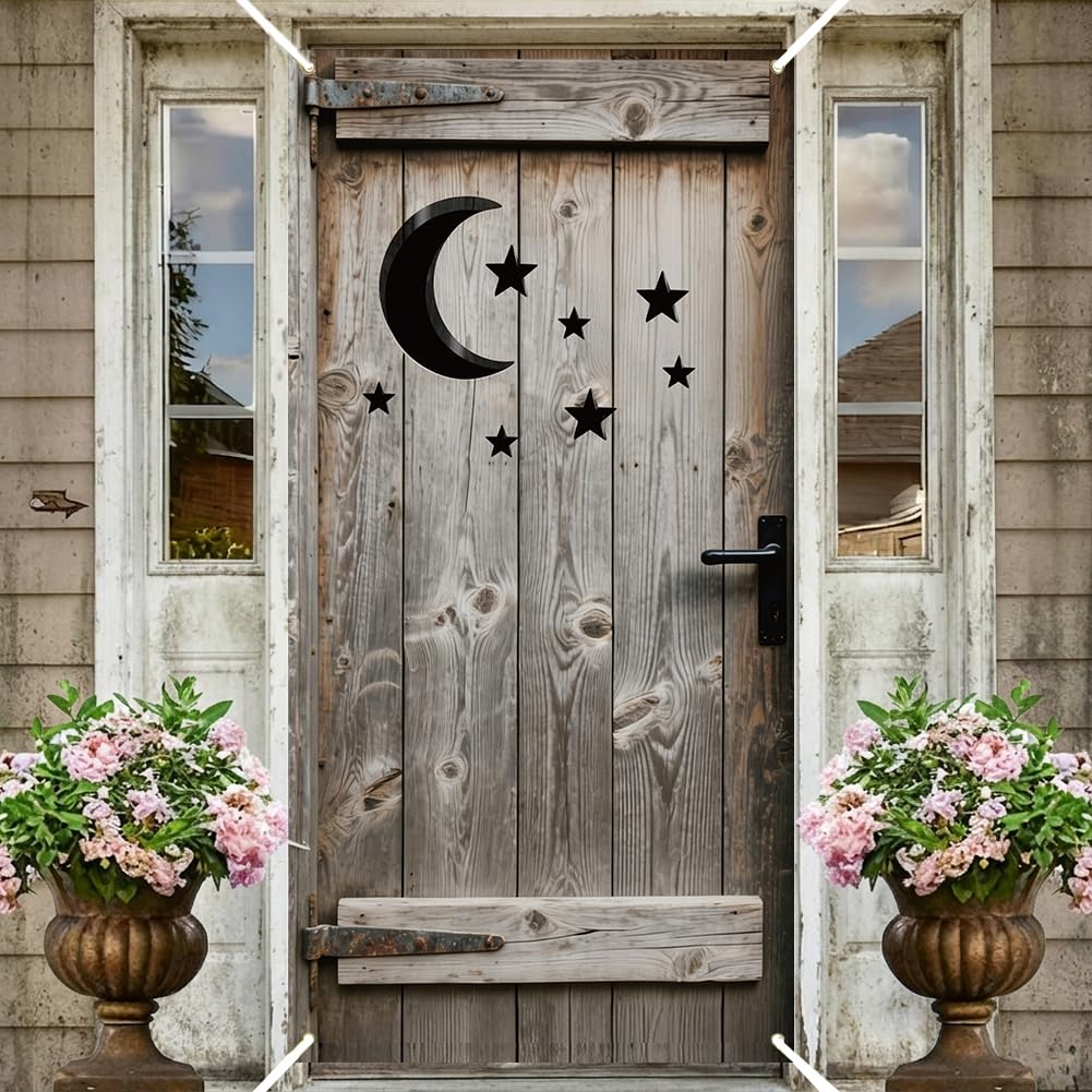 PRESSINART Western Door Banner 180 x 90cm Door Cover Banner Moon Star Outhouse Design Polyester Wild West Country Vintage Backdrop Photography Banners for Wall Indoor Outdoor Home Party Decorations — image 1
