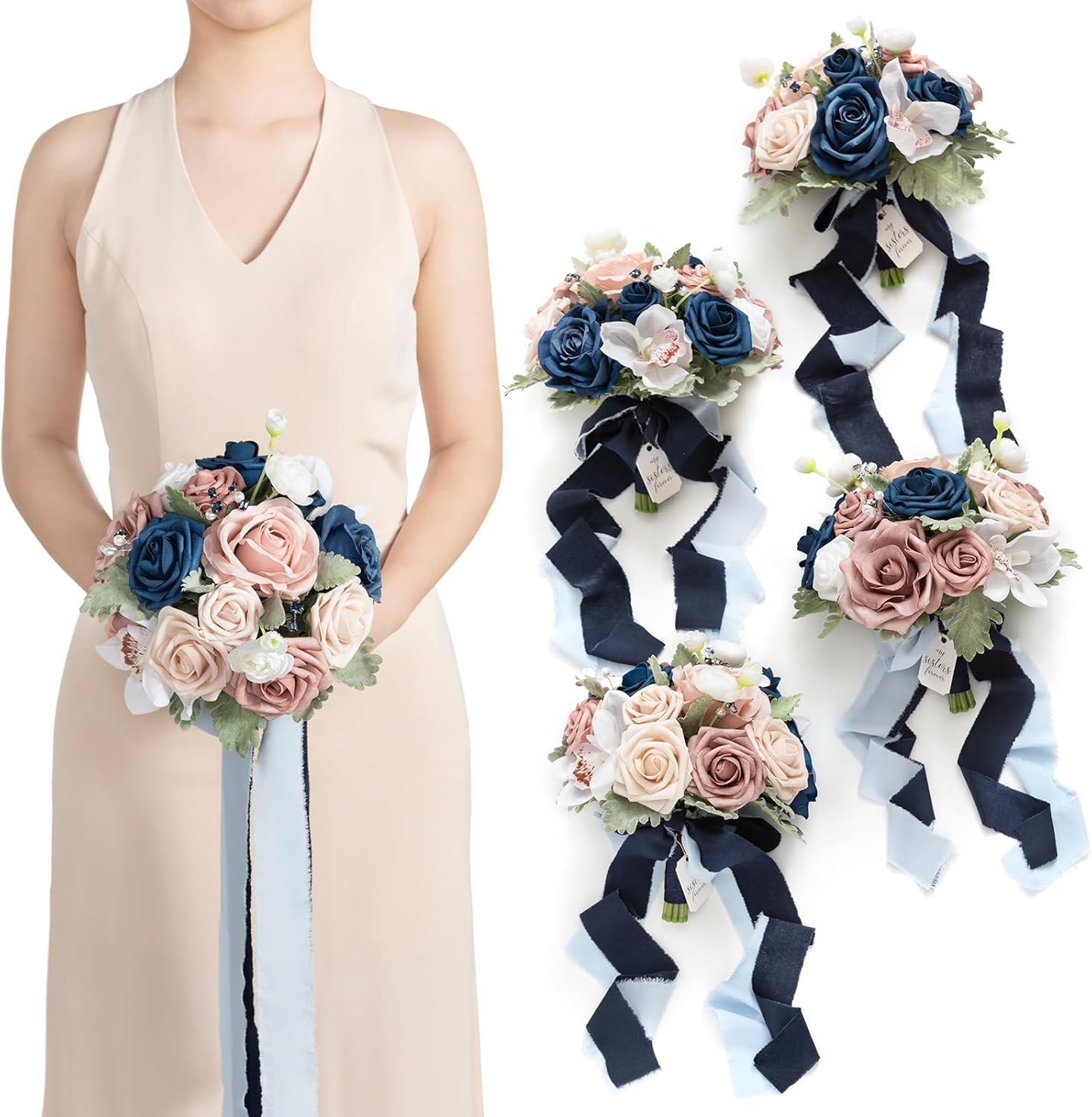 Ling's moment Navy Blue Bridesmaid Bouquets Set of 4, Dusty Rose Artificial Wedding Flower Bouquets Floral Bouquet Bridesmaid Bouquets with Ribbon, Ceremony,Anniversary,7-inch Diameter