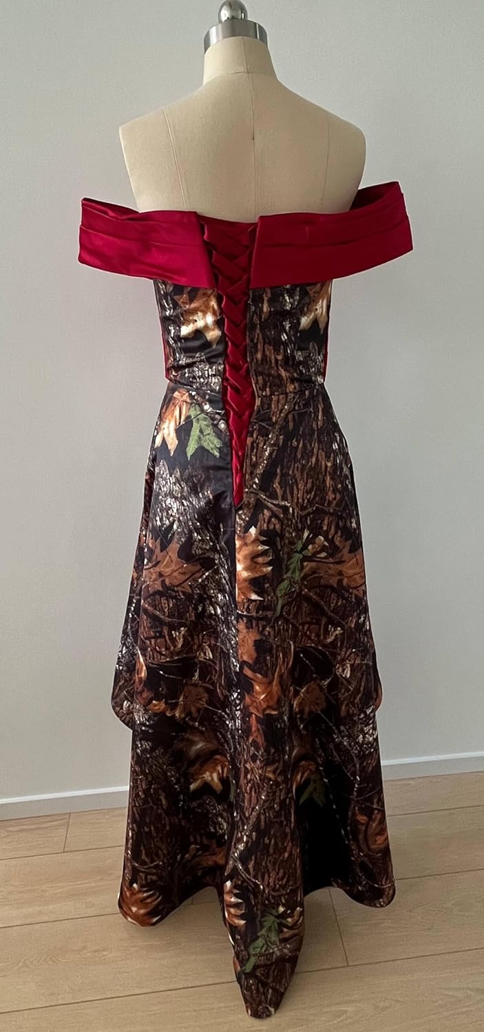YINGJIABride High Low Camo Bridesmaid Dresses Party Formal Gowns Prom Dress Off Shoulder