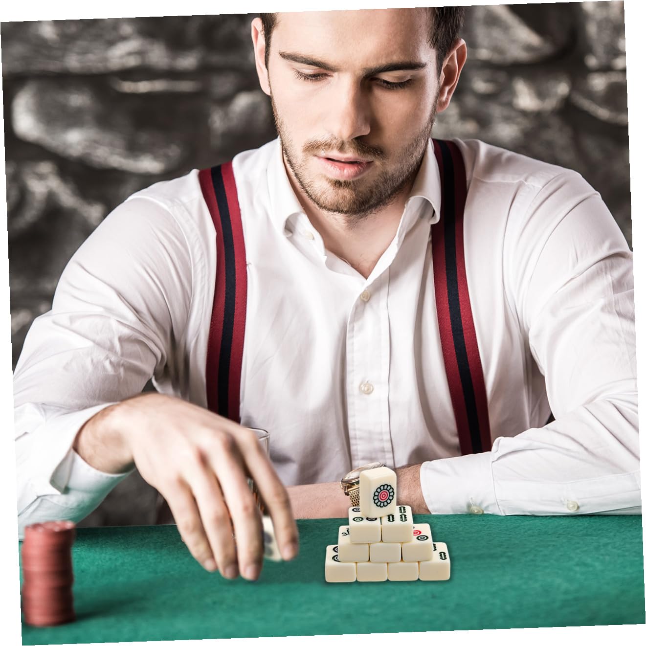 Kleiner Mahjong Satz 1 Satz aus Melamin und PVC, Weiß, Tragbar | Reisespiel für Drinnen und Bars, Kreative Ausführung, Vollständiges Zubehör, Kompakte Maße