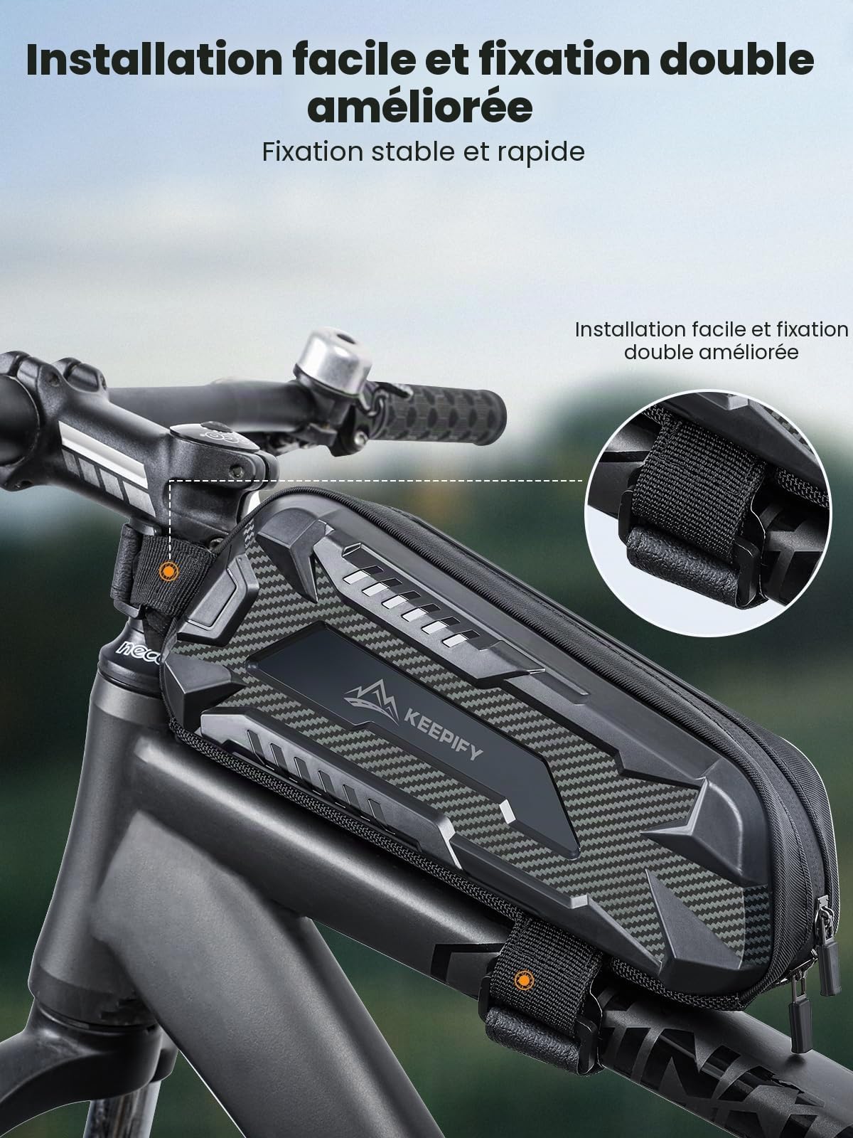 KEEPIFY Sacoche Cadre Vélo Super Support, Sacoche Vélo de Tube Horizontale Étanche et Légère, Nouvelle Sacoche Top Tube à Fermeture Éclair Autobloquante pour Vélo de Route et de Montagne - Noir