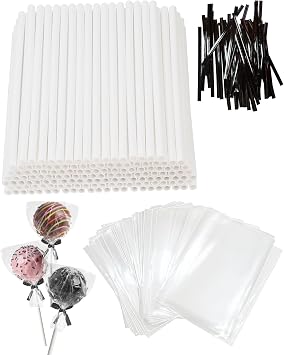 300ct CHELIZIYA 6-inch Plastic Cake Pop Sticks and Wrappers Black Kit