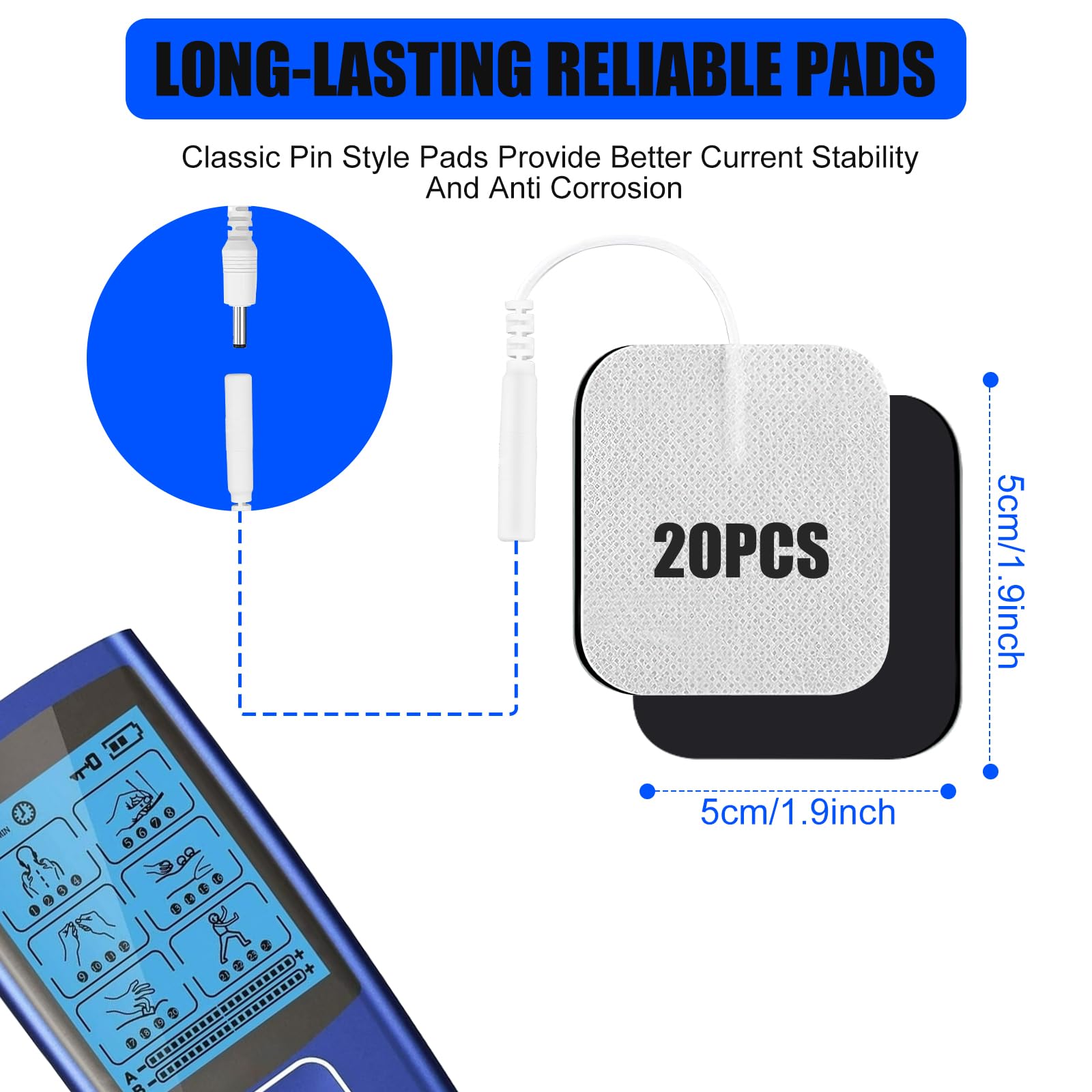 POFIBO Electrodos Para Tens - 20 Piezas Parches Electroestimulador, Reutilizables y Autoadhesivos 5x5cm Electrodos Tens, Compatibles con TENS y EMS con Conector de Botón de 2.0 mm