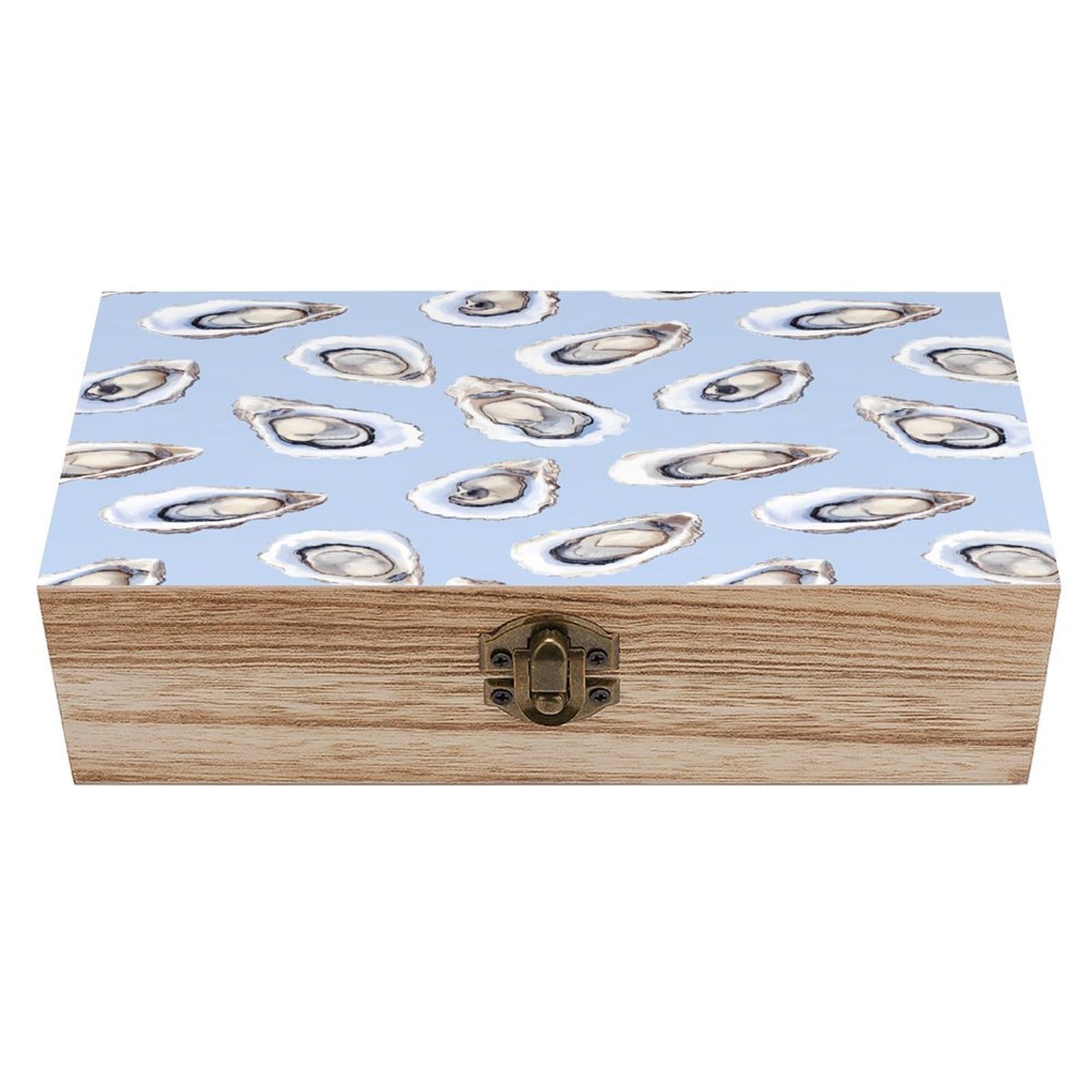 HLBSDM Oysters Pattern Wooden Storage Box with Front Clasp Vintage Keepsake Boxes for Jewelry Decorative Gift Ideas for Men Women