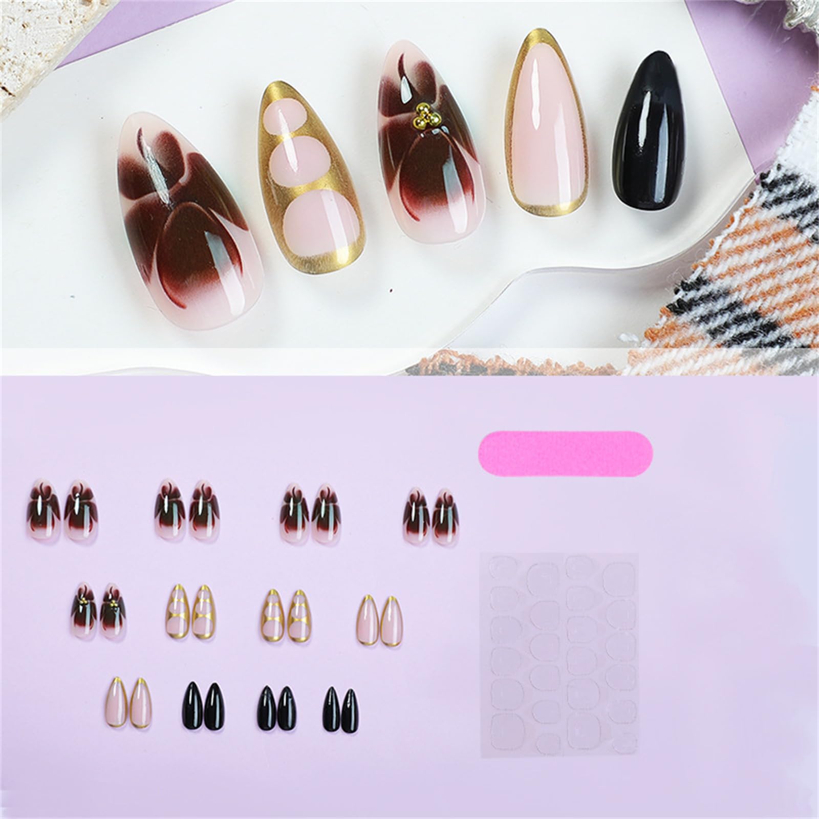 24 unghie finte a mandorla con perline lucide a forma di fiore, per manicure e nail art, facili da usare