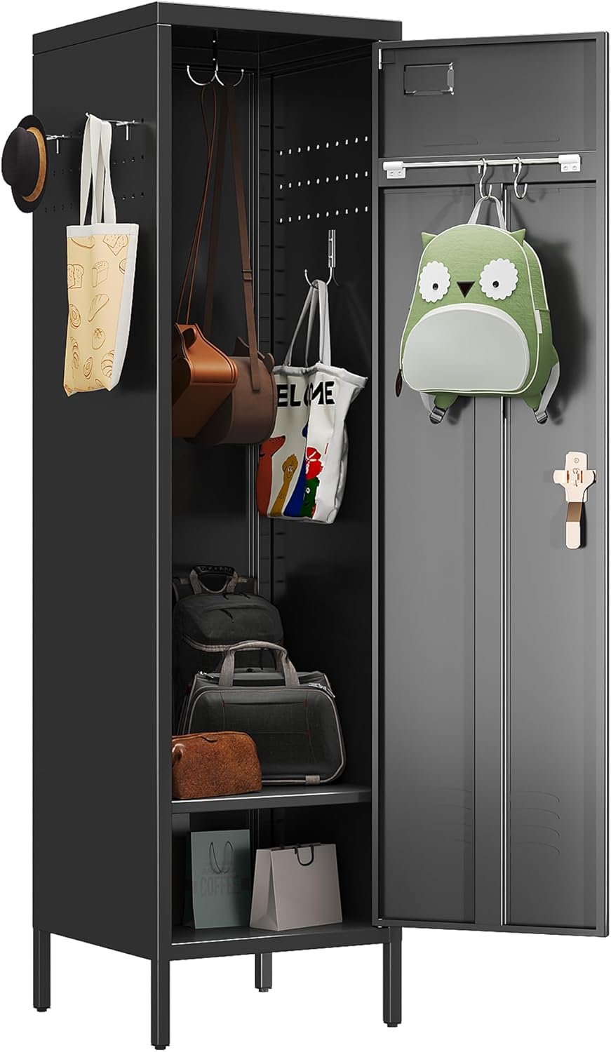 1 Door Metal Storage Lockers with Handle and Hanging Rod,Metal Locker for Employees with Pegboard and Hooks for Home,Office,Gym, School, Garage,Assembly Required,Black