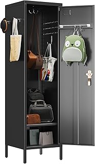 1 Door Metal Storage Locker with Handle and Hanging Rod,Metal Locker for Employees with Pegboard and Hooks for Gym, School, Office,Home,Garage,Grey,Assembly Required,Black