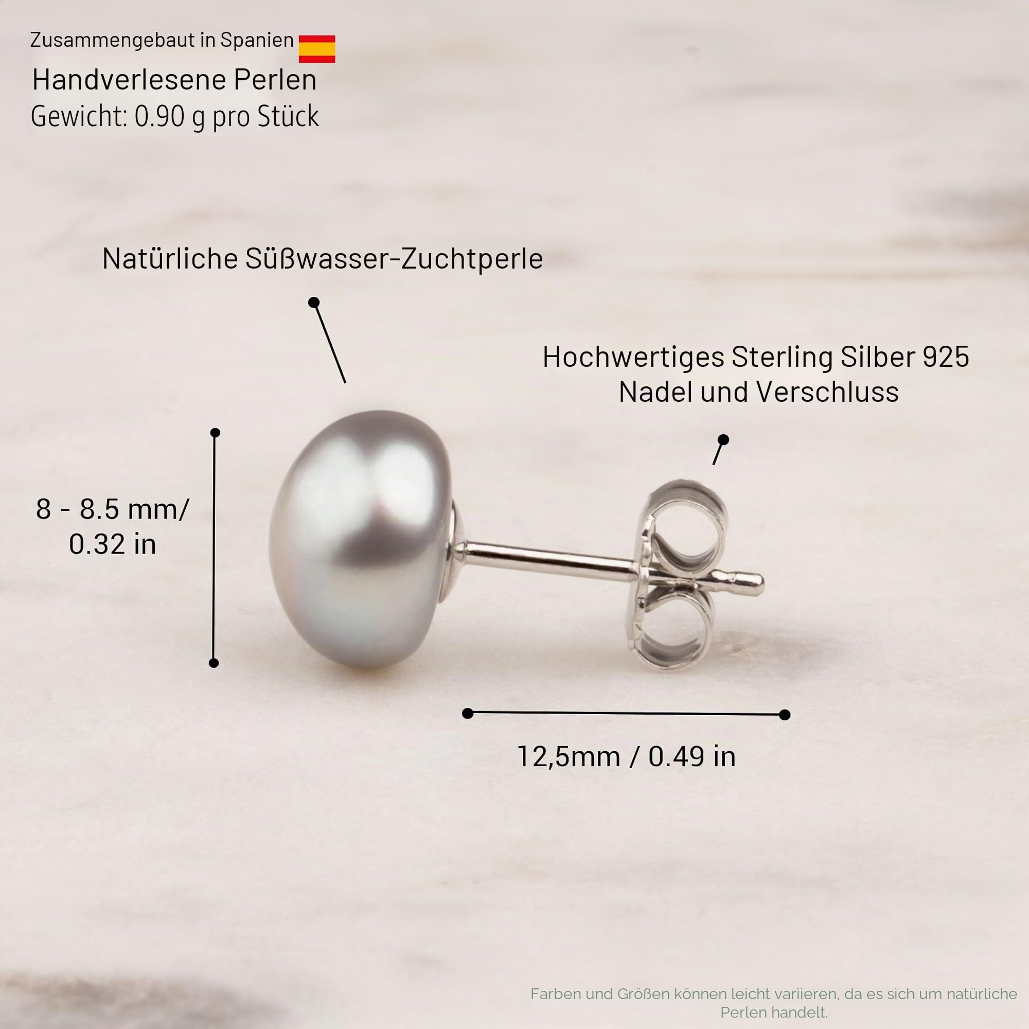 Damen Perlenohrringe Grau Süßwasser Zuchtperlen Knopfform Grau Farbe SECRET & YOU - Perlen Ohrstecker Sterling Silber 925 - Erhältlich in 4 Größen von 8-11 mm