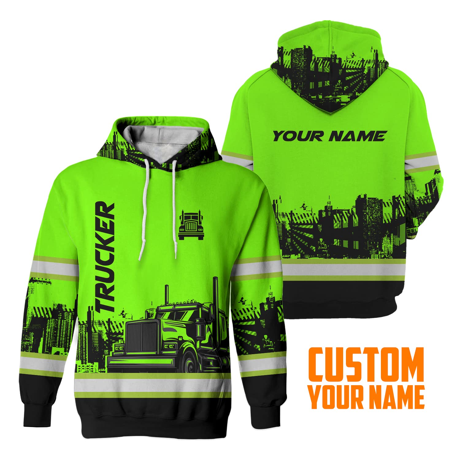 Matedecor Safety Hoodie Green Neon Trucker 2 Custom Name High Visibility Hoodie for Men Reflective Hoodie Hi Vis Hoodie Workwear for Runners, Walkers, Trucker, Operator, Patriotic-M