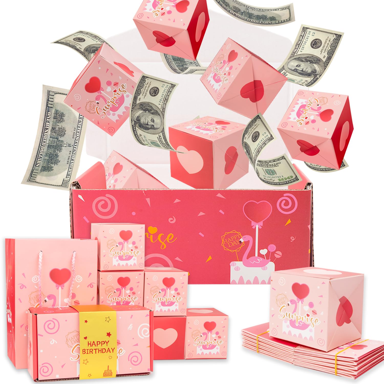Happy Birthday Surprise Explosion for Money - Pop Up Exploding Box - Bouncing Gift Bag for Women girl Men mother wife sister (PINK,12 Bounce Boxes)