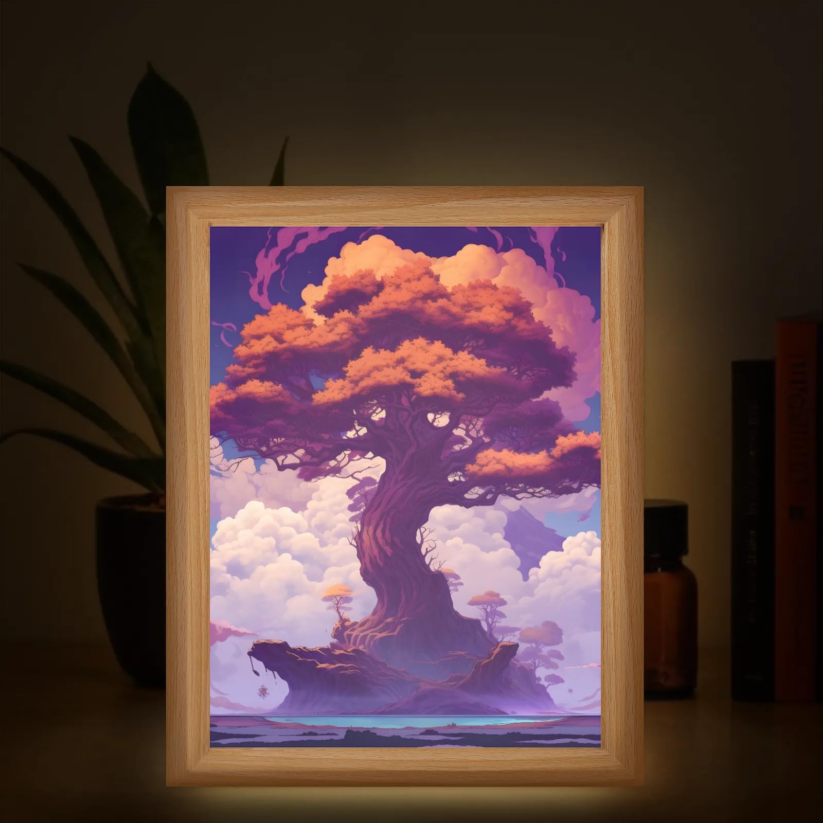 Light Up Painting, Tree of Life Wall Art Picture Light Colorful Tree Light Up Desktop Art Frame, 10 Brightness USB Powered 3 Lighting Modes, Anxiety Relief Gift for Bedroom Home-Without Acrylic Panel