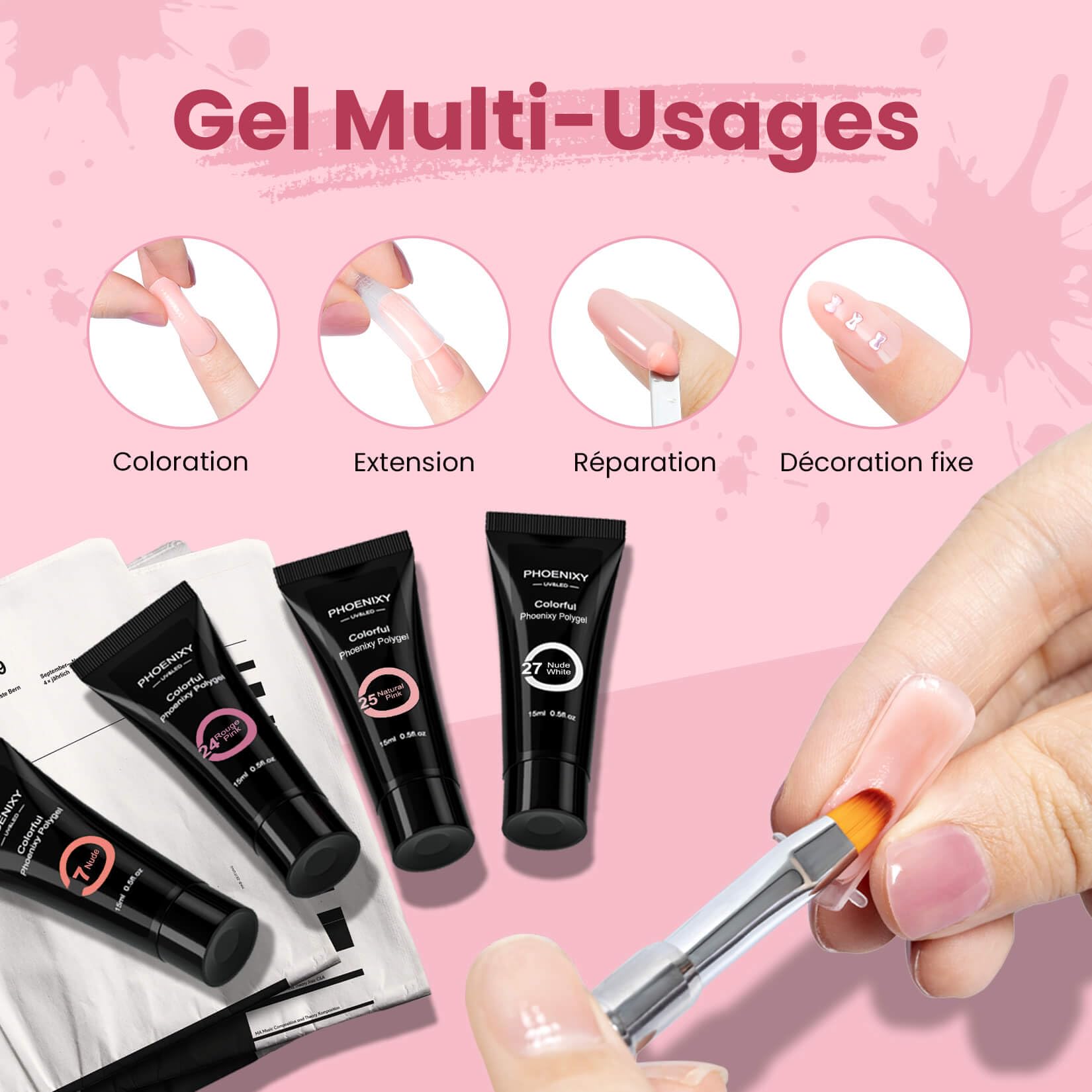 Phoenixy Kit Ongle Gel U V Complet, 14 Couleurs 15 ml Kit Semi Permanent Rose Nude Poly Tube Ongle Gel Nail Art Construction Ongle U V Cadeau pour Femme