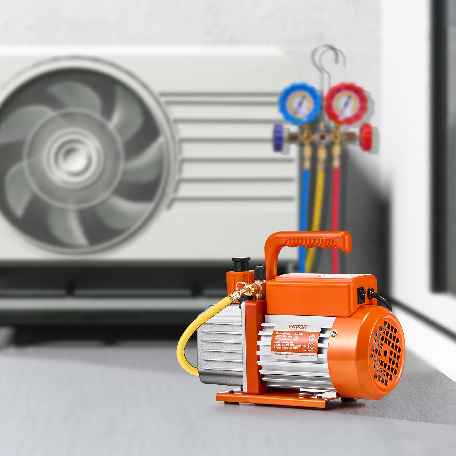 VEVOR Vakuumpumpe, 5 CFM, HVAC einstufige Drehschieber-Vakuumpumpe, für R134a R22 R410a Systeme, Auto-AC-Vakuumpumpen-Kit mit Ölflasche, für die Wartung von Auto-Klimaanlagen und Harzentgasung