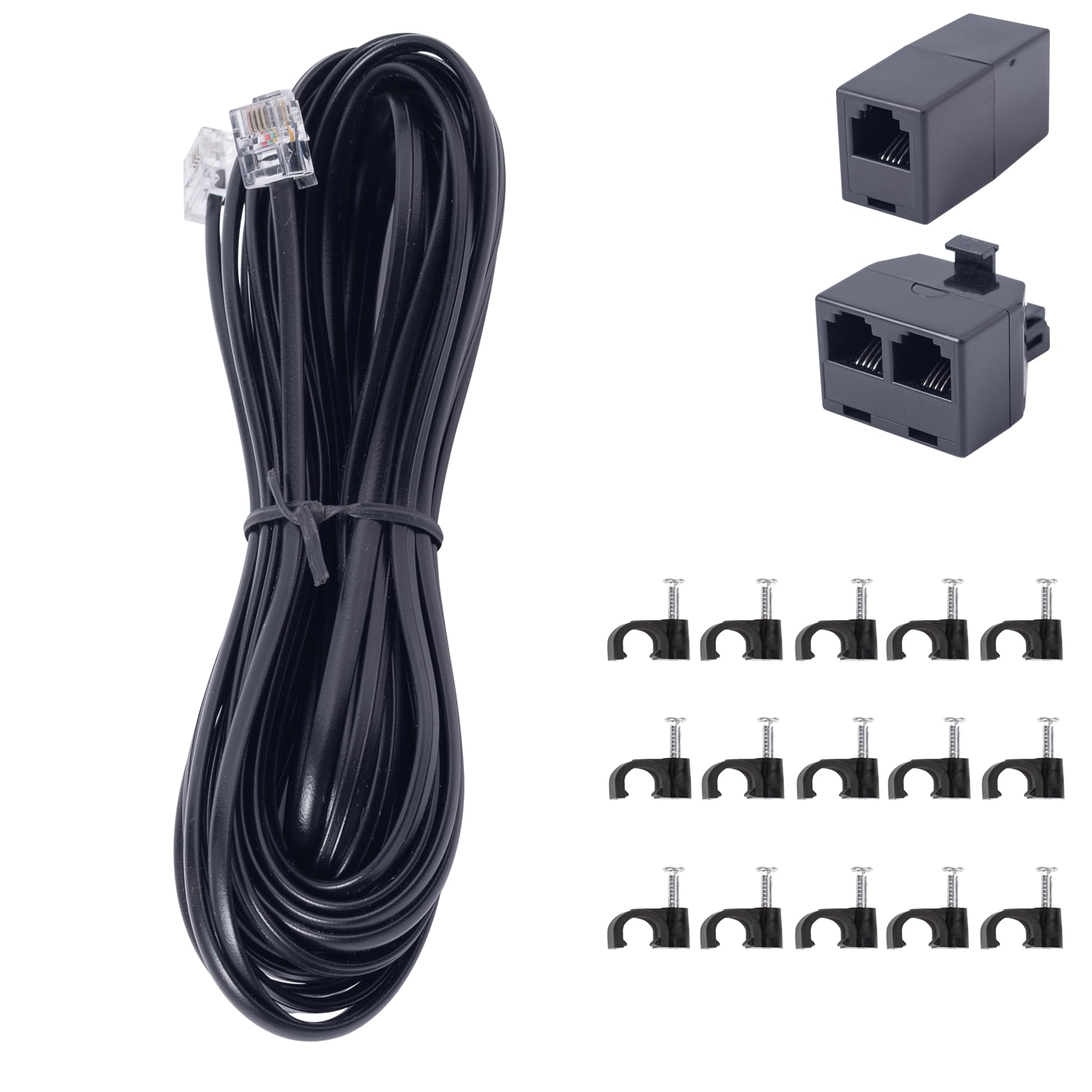 ZTOXLR Phone Extension Cord 15 FT Long Phone Cable Line Wire, with Standard RJ11 Plug andIncludes Telephone Inline Coupler RJ11 Splitter and 15 Cable Clip Holders, Black - 1