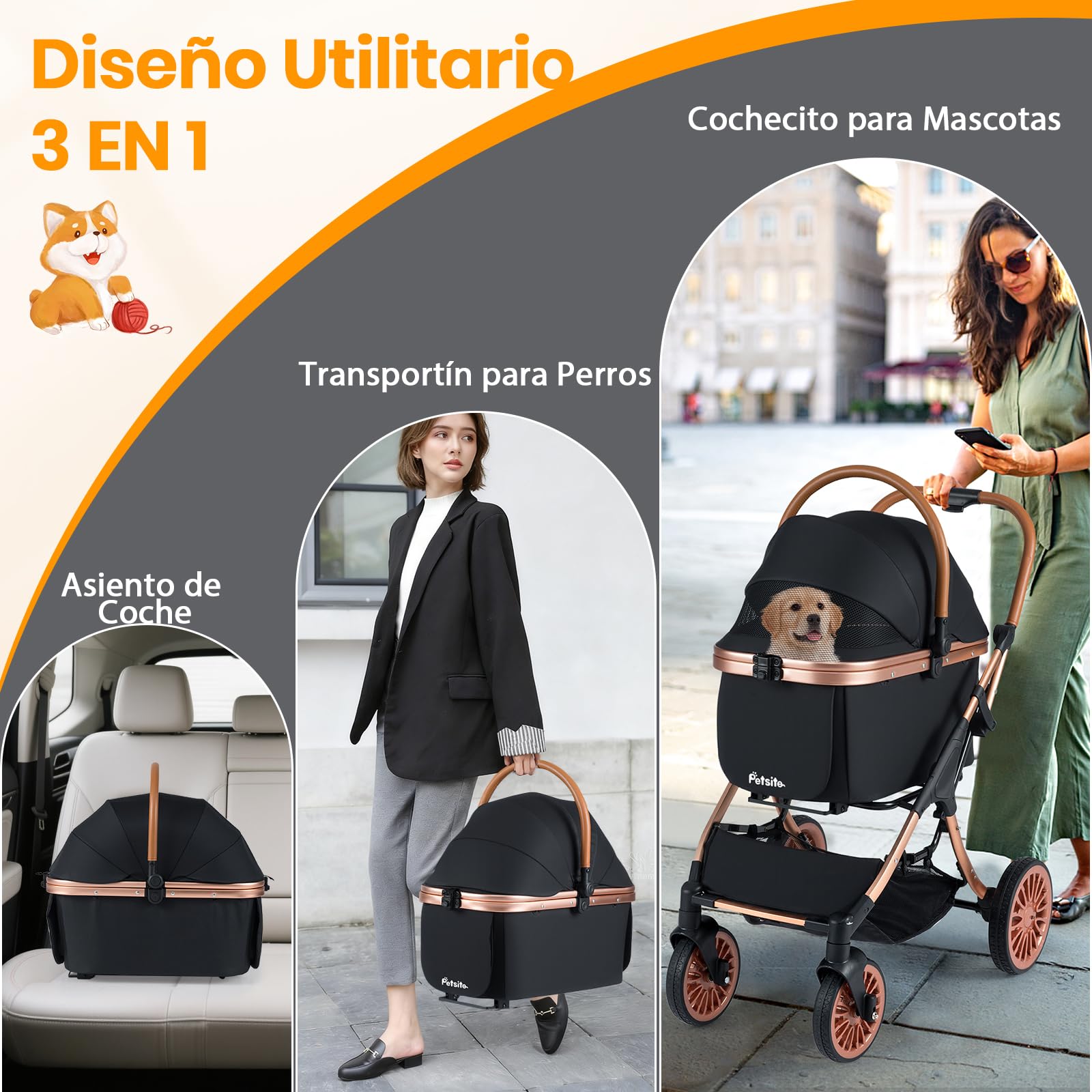 COSTWAY Cochecito para Perros 3 en 1, Carrito para Perros Plegable con Transportín Removible, Sombra Solar, Almohadilla Extraíble, Cinturón de Seguridad, Cesta y Portavasos, Carro Mascotas, Carga 25kg
