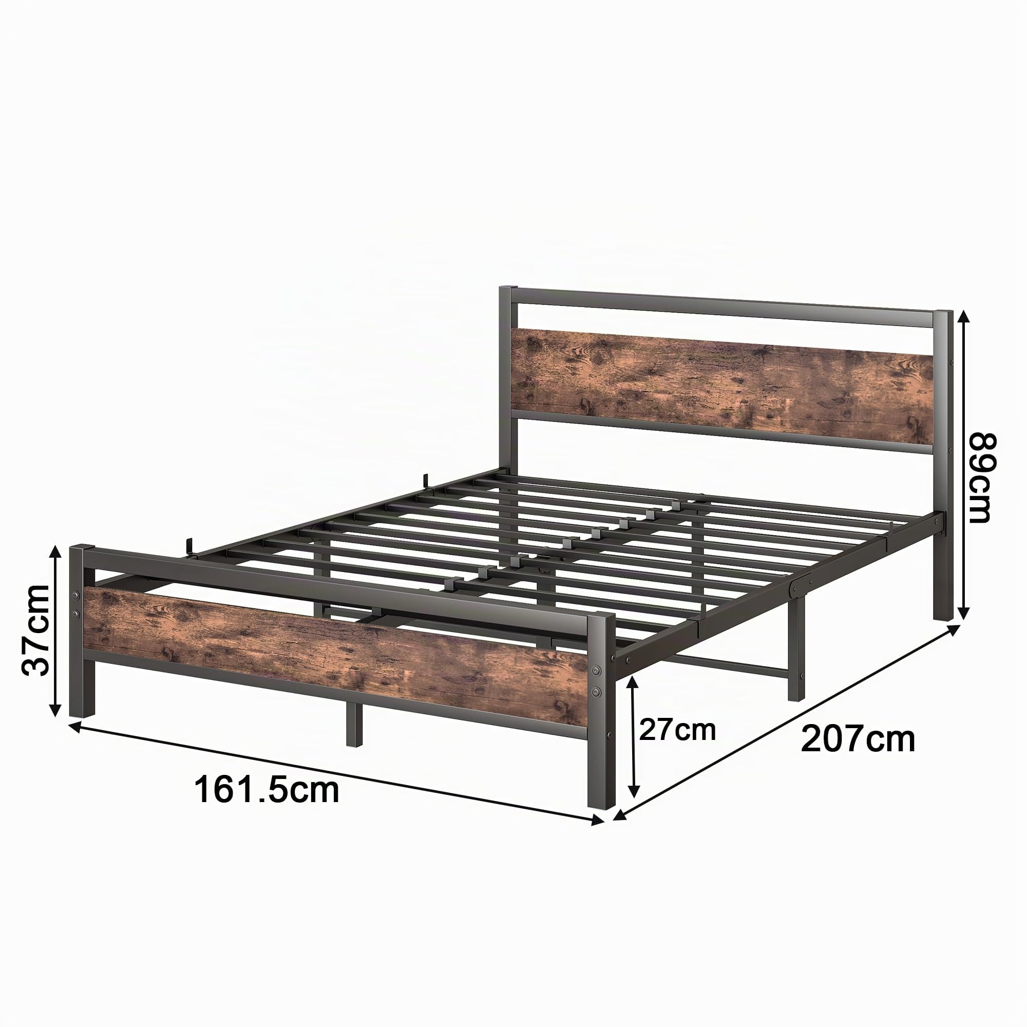 Telaio letto 160 x 200 cm, in metallo e legno, letto in metallo con rete a doghe, letto per ragazzi e ragazzi, 160 x 200 cm, con testiera, in metallo marrone e nero
