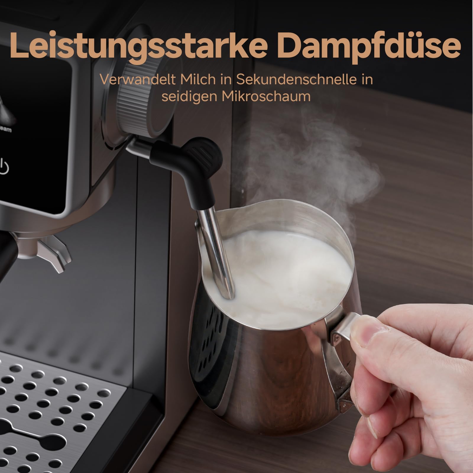 AMZCHEF Siebträgermaschine mit Mahlwerk, 20 Bar Espressomaschine für Zuhause mit Milchaufschäumer, 3 Temperaturstufen, 20 Mahlgrade, Kalt & Heißbrühung, Touchscreen Display