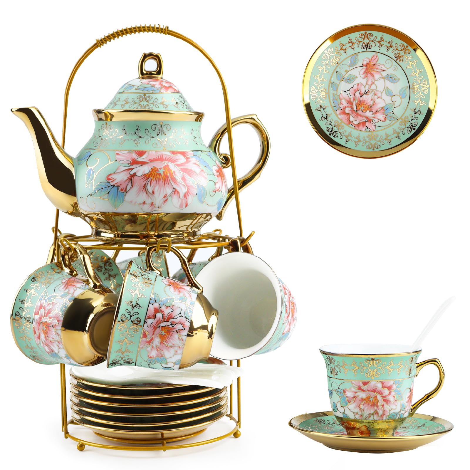 20Tlg Porzellan Tee Set mit Teekanne & Tasse, 700-ml-Teekannen-Set im Vintage-Stil mit Metallhaltern für den Nachmittagstee | Kaffee, ideale Geschenke für Teeliebhaber(Grüne)