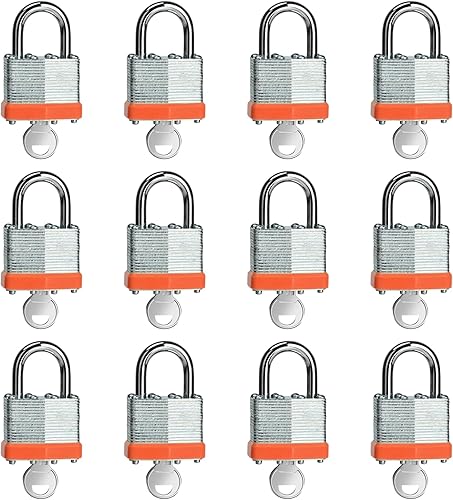 Candado laminado con llave (1-916 pulgadas, 1.575 in), cerraduras iguales con llave, aro naranja, grillete normal, paquete de 12, cerradura para