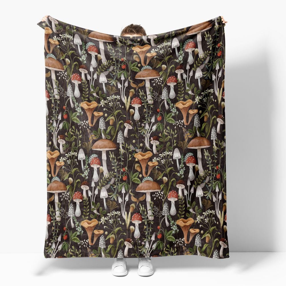 Fchen Art Boho Mushroom Print Blanket, Rustic Soft Flannel Lightweight Throw, Brown/Black/Green Vintage Decor for Living Room, Gifts for Women & Girls All Seasons