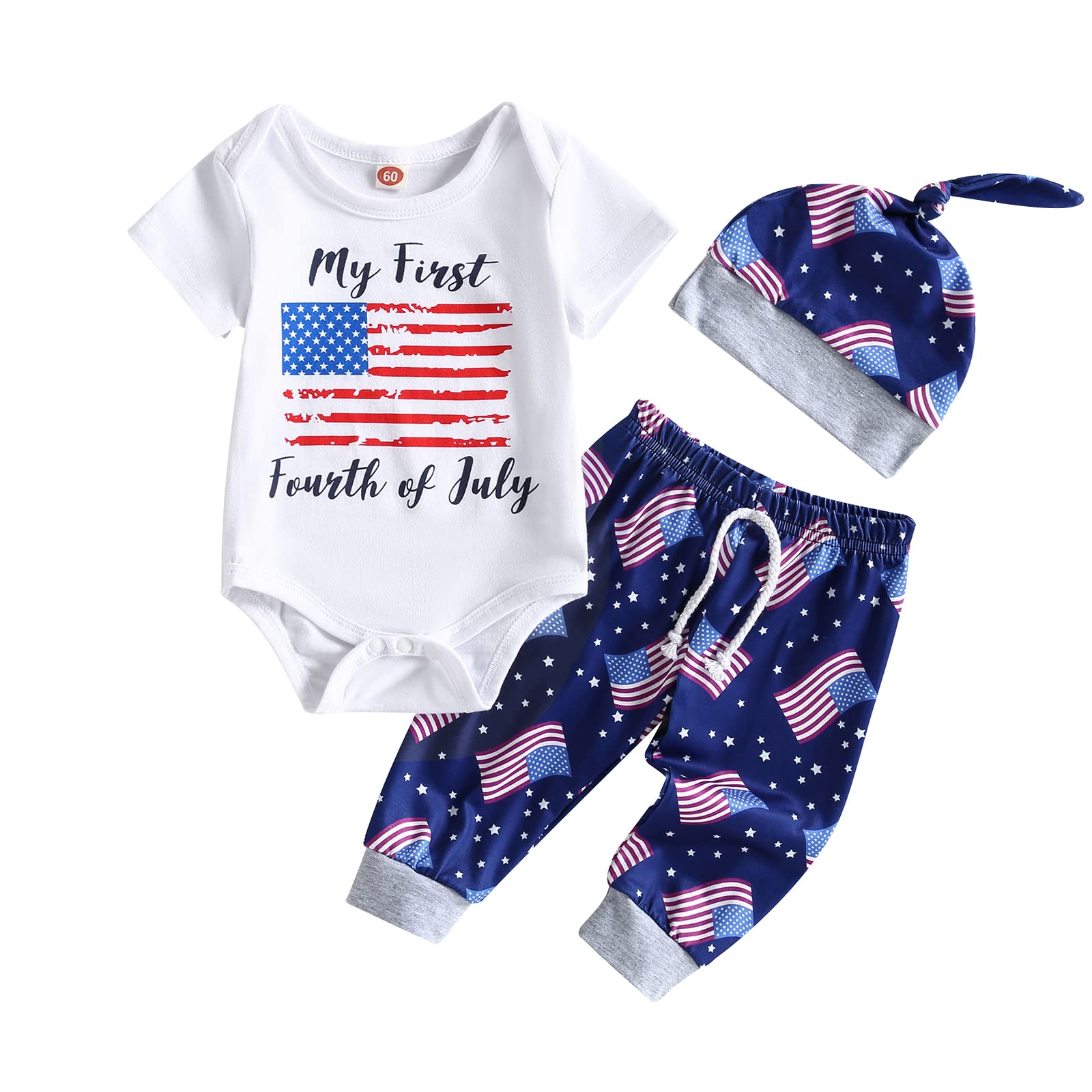 KaruedooFirst 4th of July Baby Boy Outfit Newborn Letter Print Short Sleeve  Romper American Flag Long Pants Hat Set