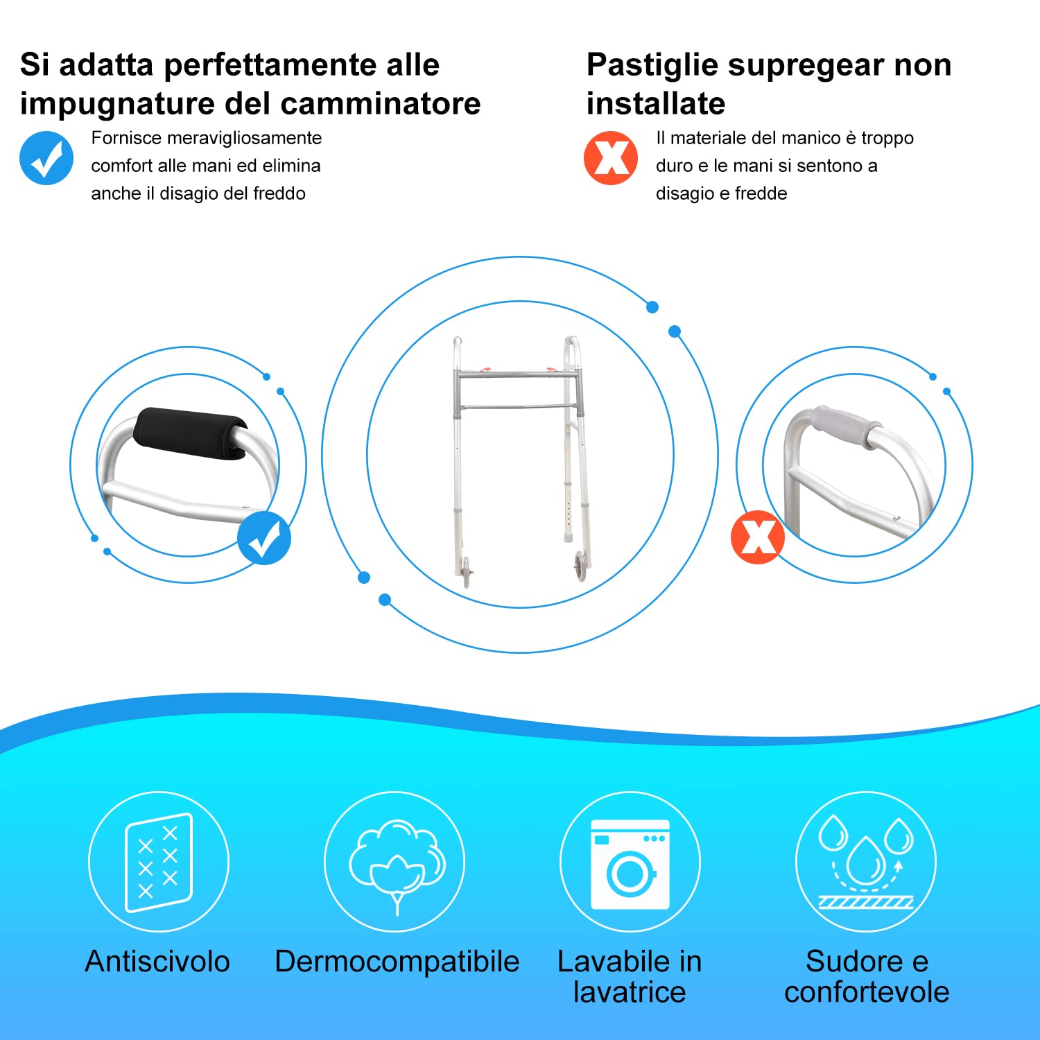 supregear Walker Impugnature Imbottite, 2 Confezioni Morbidi Comodi Cuscini Manopole Imbottite per Walker Stampella, Sedia a Rotelle, Accessorio per La Mobilità Traspirante Antiscivolo, Nero