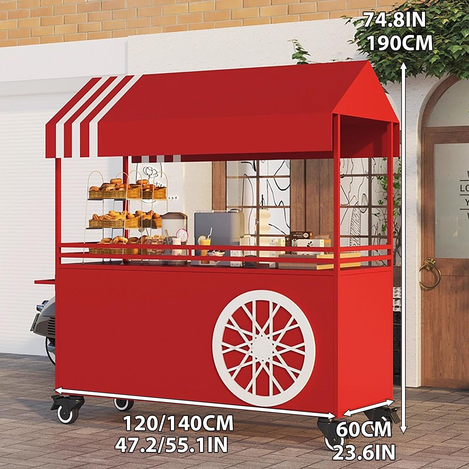 Móvil de Venta Ambulante de Comida,Genérico Puesto de Mercado con toldo,Exquisita construcción en Hierro Forjado, Gran Capacidad de Carga,para Tiendas minoristas en Calles.(Nero,120 * 60 * 190cm)