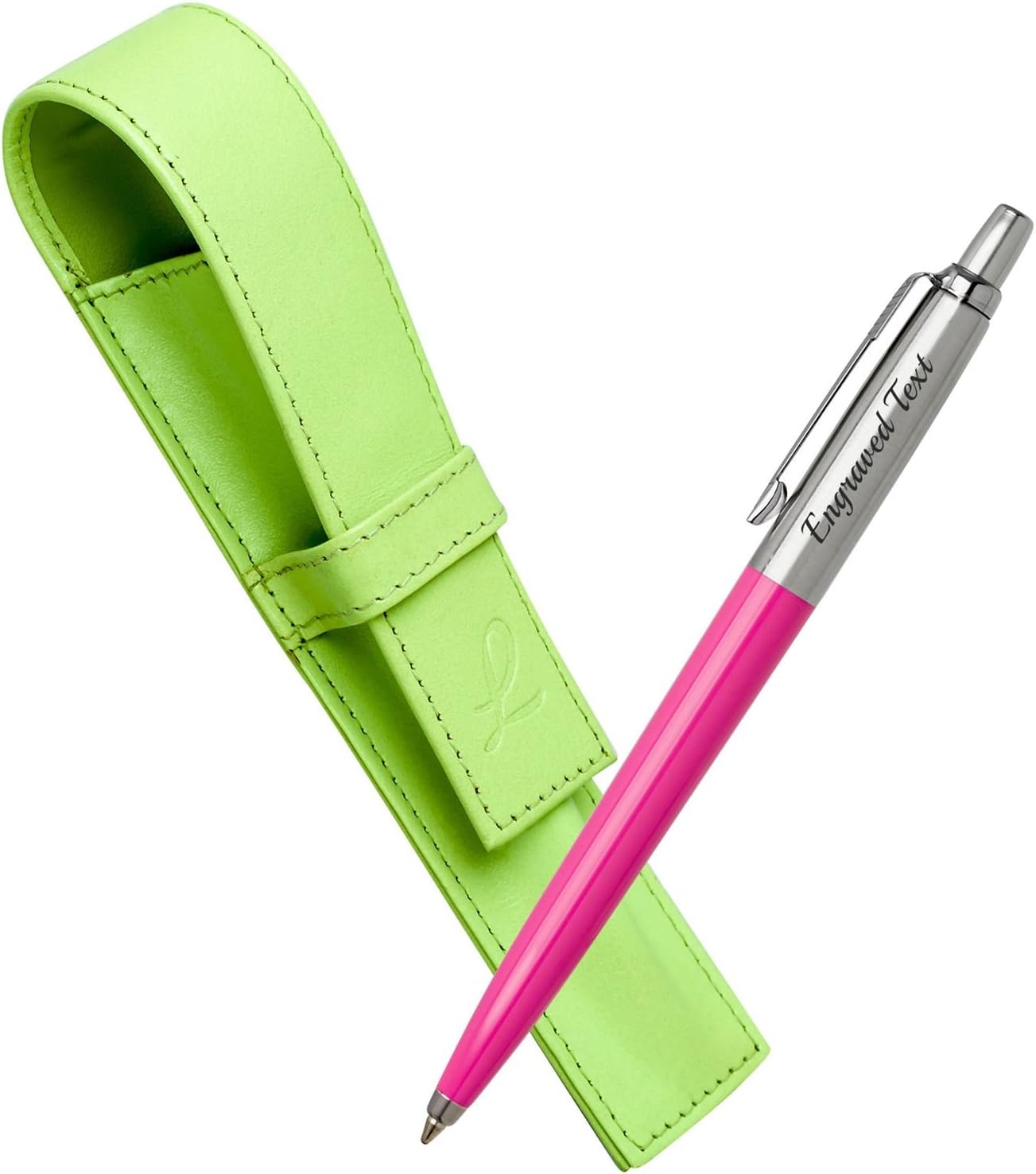 Personalised Gifts For Couples Uk Parker Ballpoint Pen Jotter - Pink + Leather Pouch Light Green