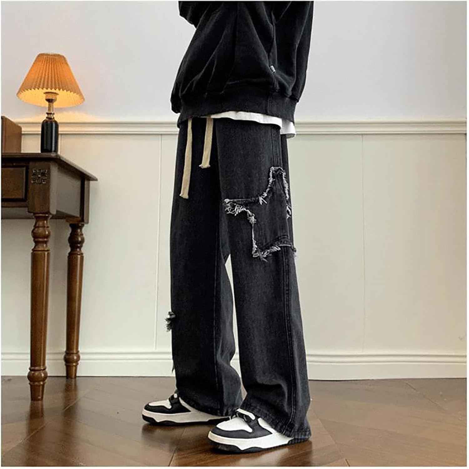 Men Y2k Baggy Straight-Leg Jeans Goth Star Graphic Casual Pants Hip-hop Rock Street Style Harajuku Clothing