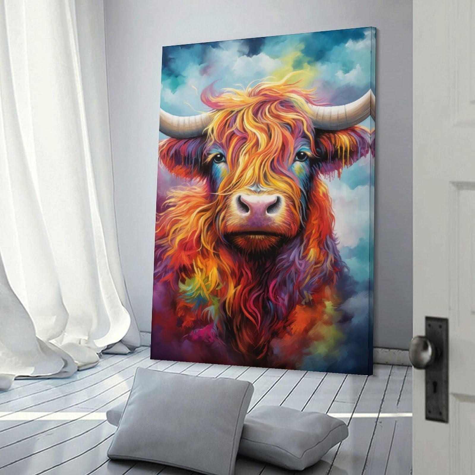 Junmoney Frame-Style-6-1 Canvas Wall Decor Colorful Highlander, 20X30inch(50X75cm), For Home Lounge, Bedroom Or Reading Nook, Eye Catching Artwork For Blank Walls