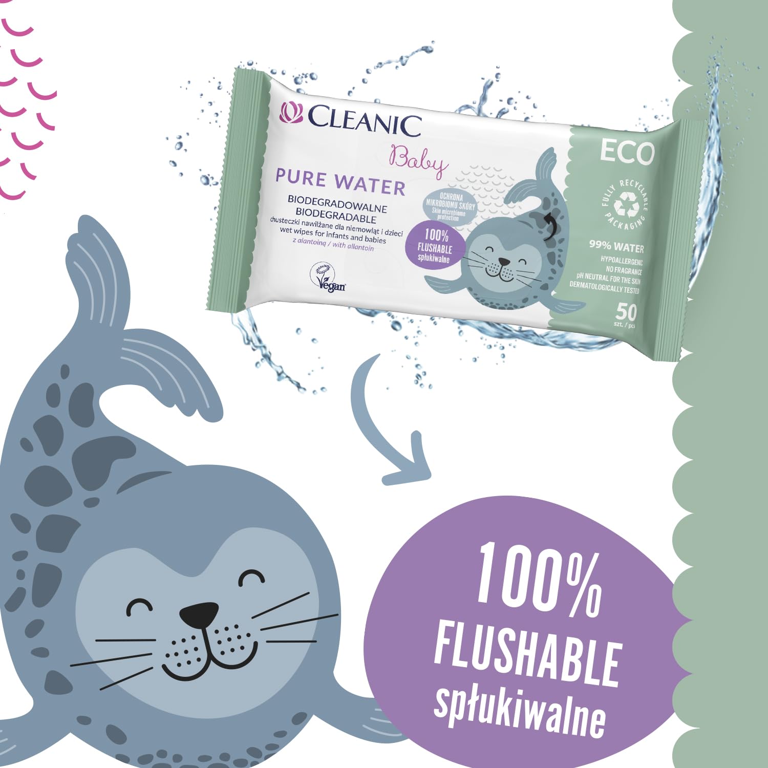Cleanic Chusteczki nawilżane Baby Eco Pure Water dla dzieci i niemowląt - 99% skład na bazie wody - alantoina - bez perfum - jednorazowe - dla skóry wrażliwej - 50 x 16 sztuk