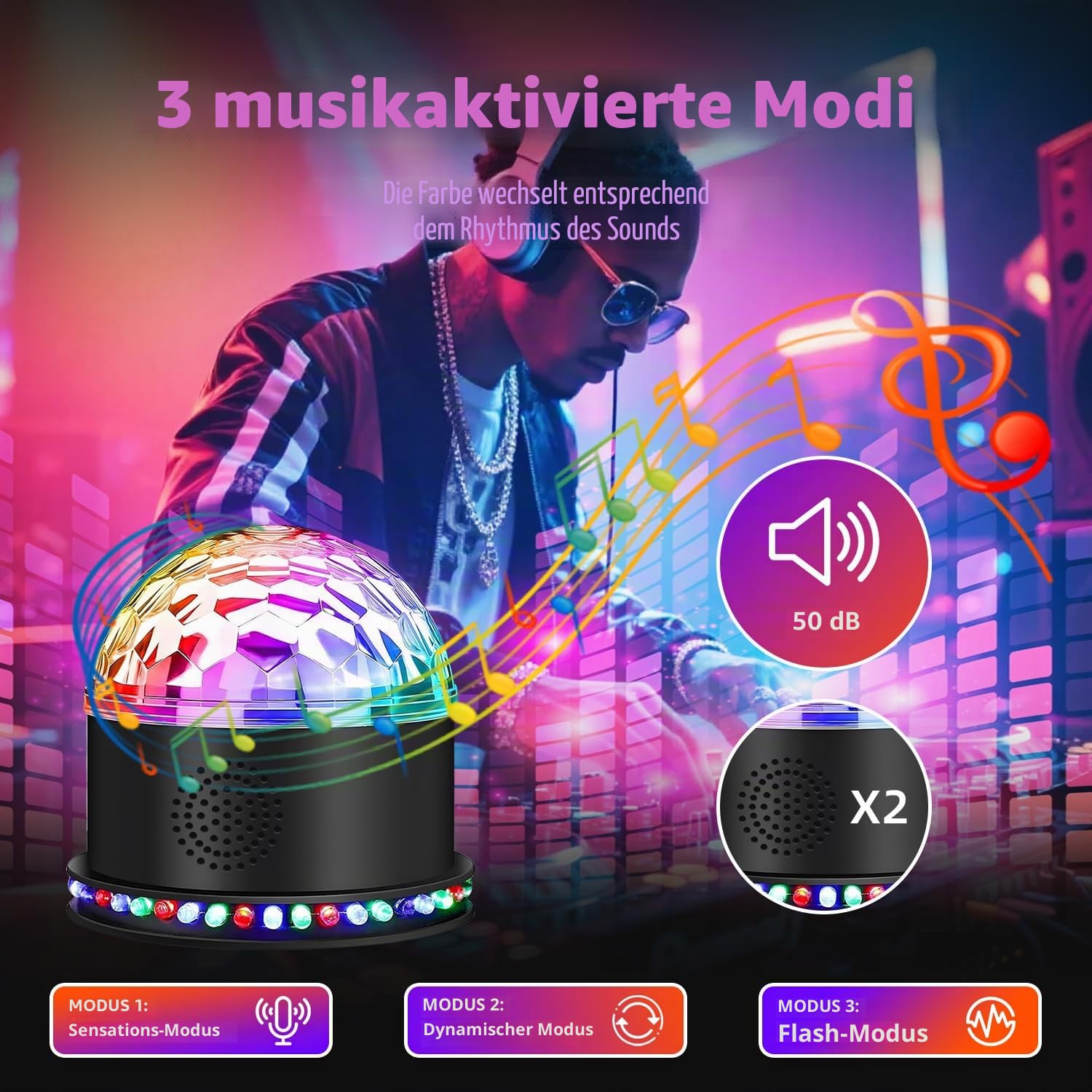 Discokugel Partylicht 54 LEDs, Gomifie Discolicht Partylicht Musikgesteuert und Zwei Lautsprechern, Discokugel Kinder Led Party Lampe mit 3 geräuschaktivierten Modi für DJ, Weihnachten, Bar und Party