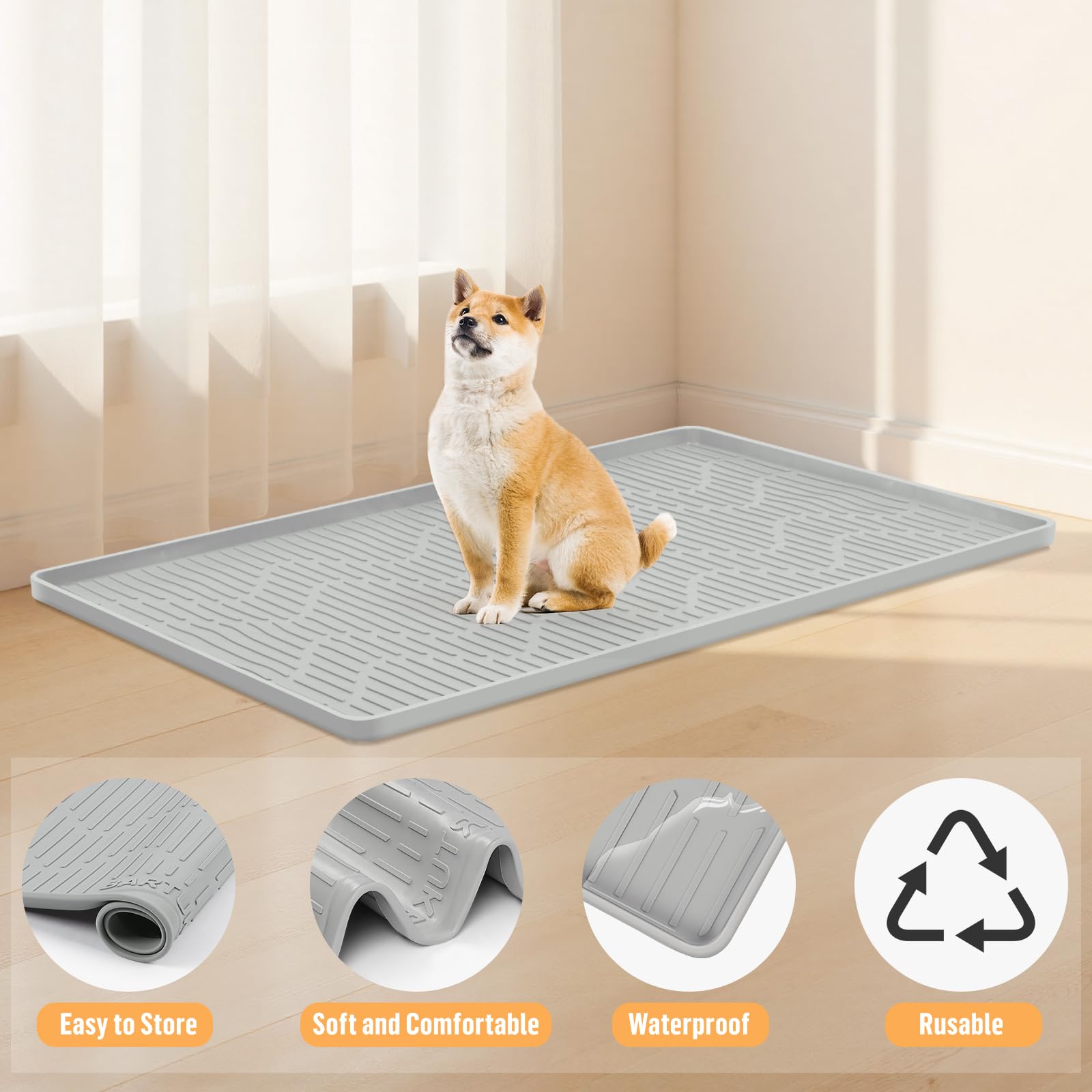 Tapis de cage en silicone pour chien, 137,2 x 69,8 cm, tapis de niche avec bord surélevé, lavable, imperméable, étanche, protège les sols