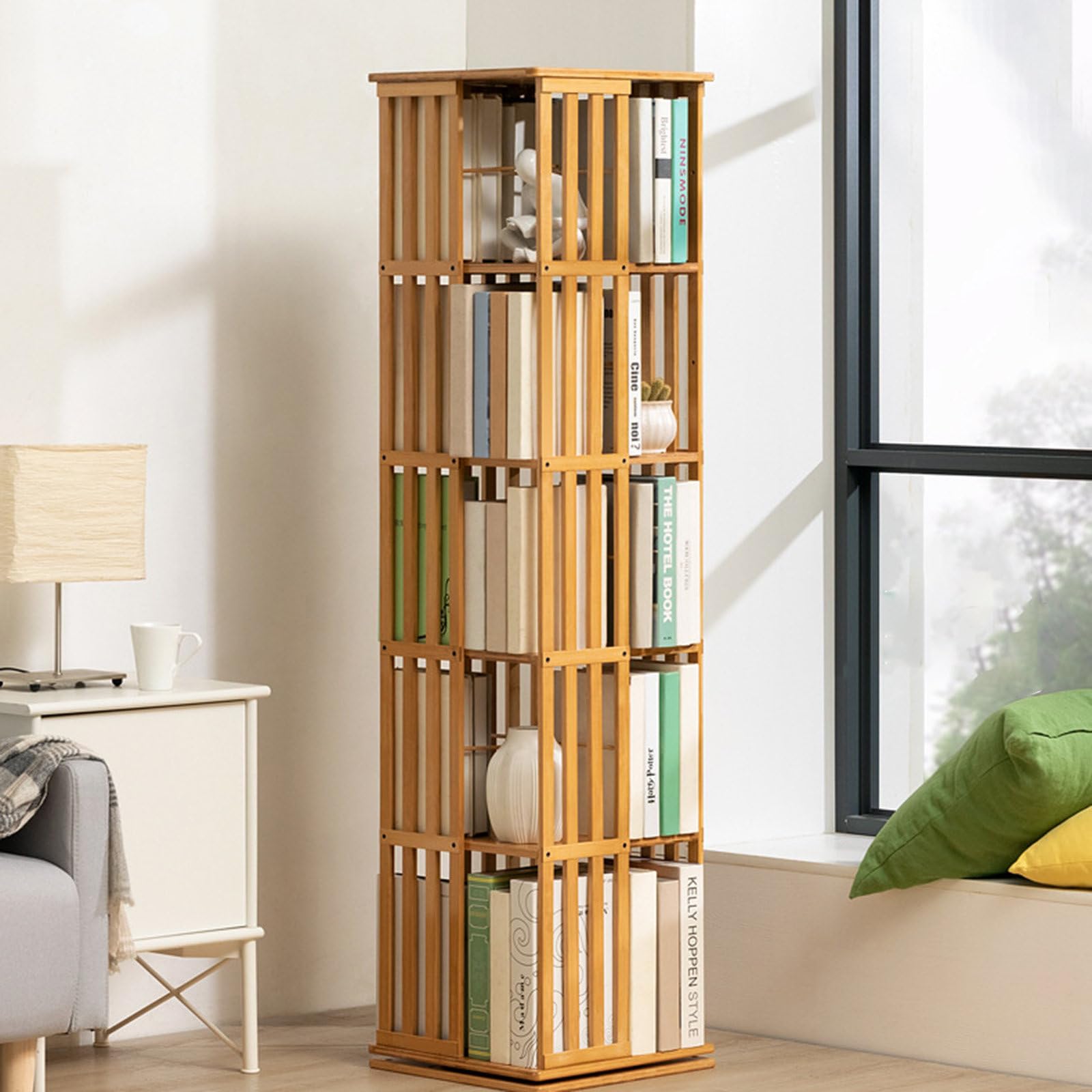 Estantería giratoria de bambú de 6 niveles torre de almacenamiento para libros y juguetes