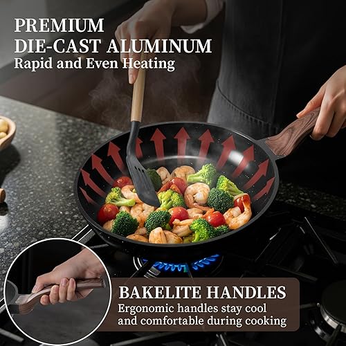 Miniatura 5 de Kikcoin Juego de 16 ollas y sartenes antiadherentes de cerámica, juego de cocina de inducción, no tóxico, saludable, antiadherente, con sartén,