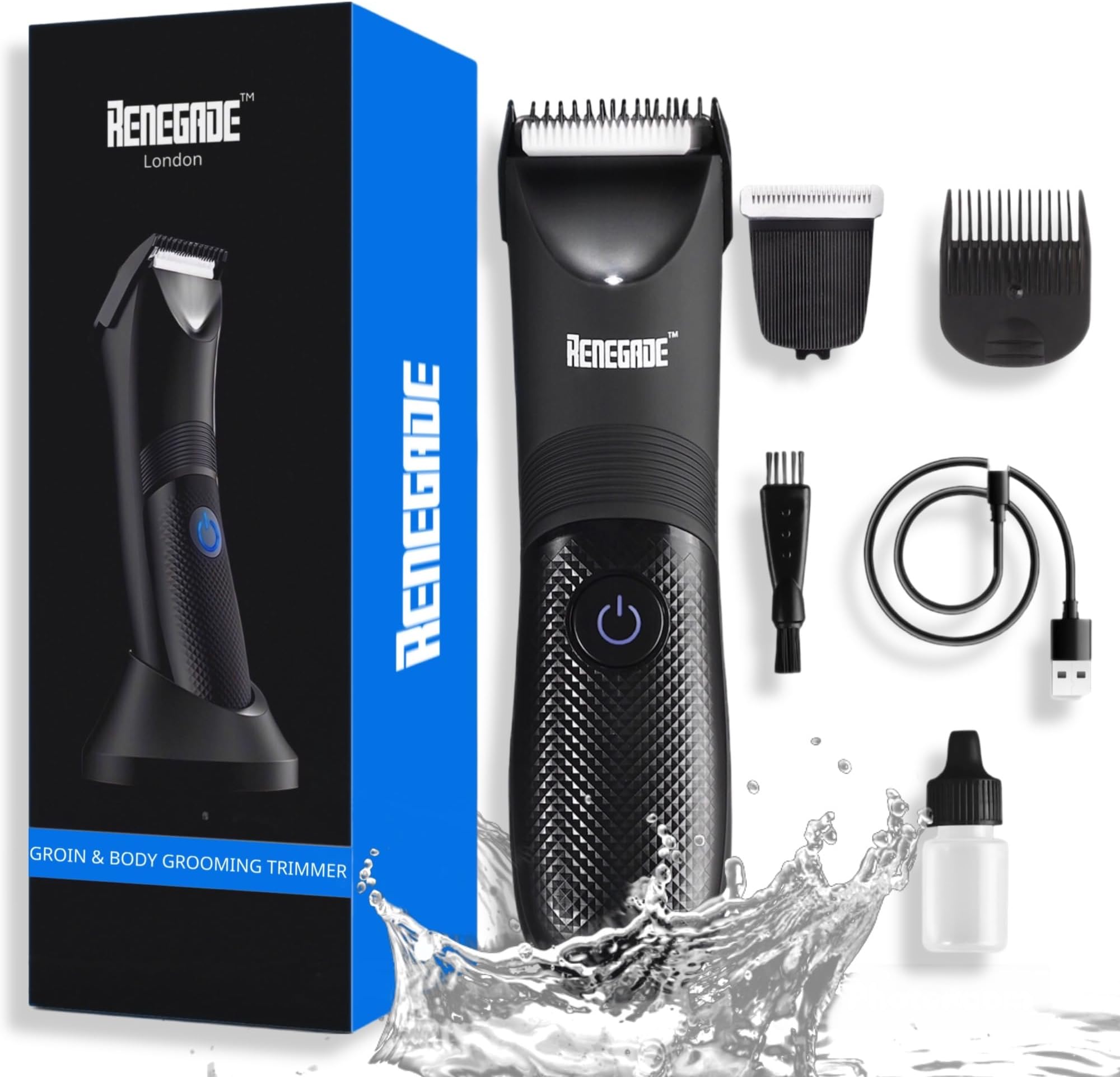 Renegade Body Hair Trimmer for Men, Electric Ball Trimmer for Pubic Hair, Manscape Male Grooming Kit, Waterproof Groin Body Groomer with LED Light Adjustable Guard, Rechargeable Manscaper
