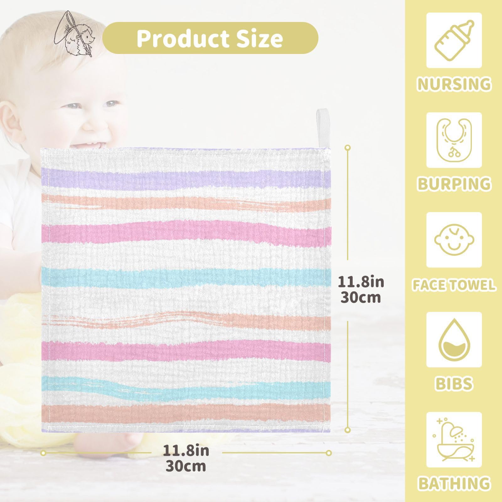 Nander 3Pack Baby Muslin Washcloths,Colorful Stripes Soft Face Cloths for Newborn, Absorbent Bath Wash Cloths, Wipes, Burp Rag,Toddlers Essentials Stuff, Baby Registry as Shower