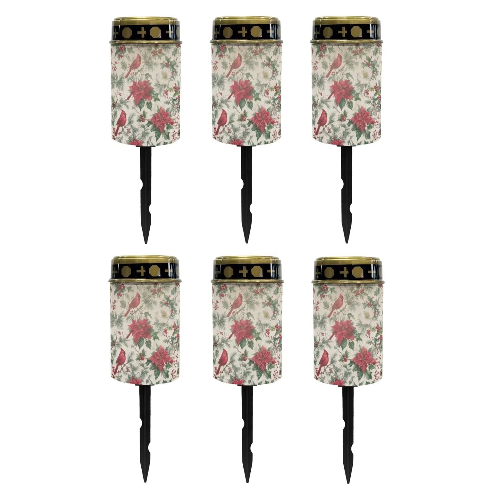 Poceacles Solar Lights Outdoor Waterproof Cemetery Solar Outdoor Candle Christmas Decoration Votive Candles for Winter Holiday Decor, Cardinal Bird Poinsettia Retro Beige, Pack of 6