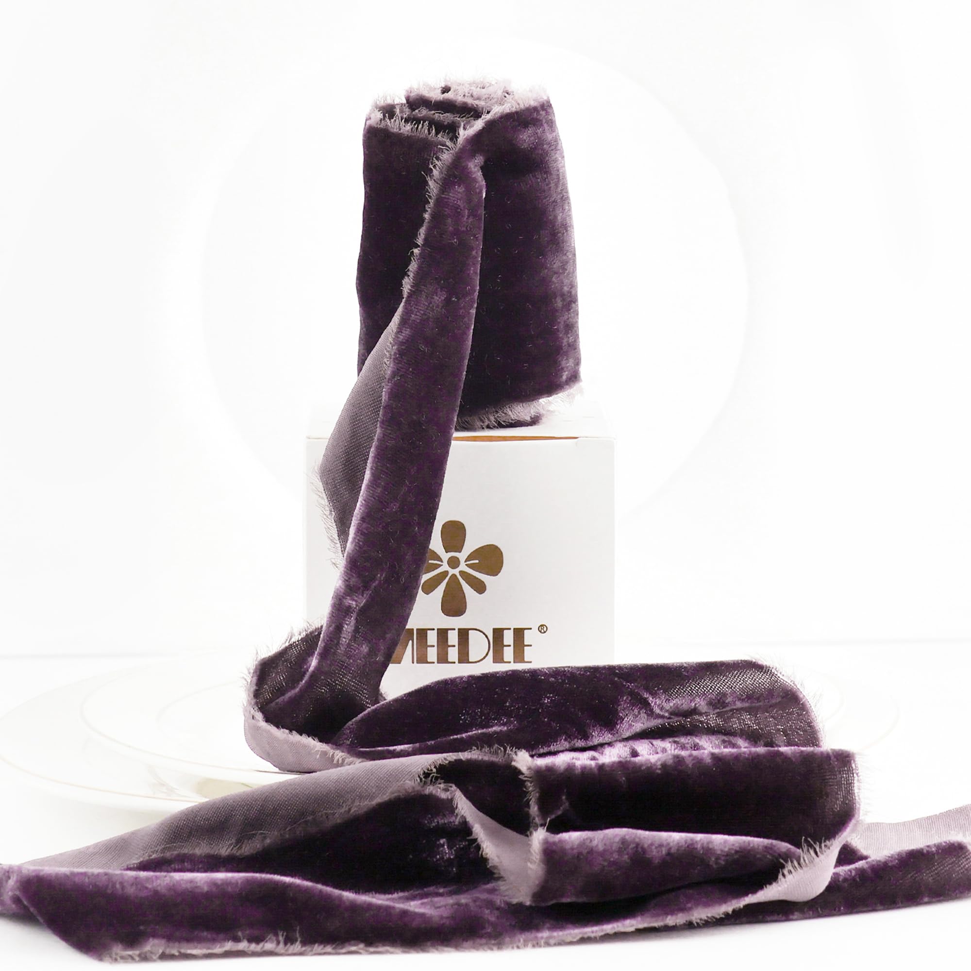 MEEDEE Purple Velvet Ribbon 3 Inch Purple Fringe Ribbons Raw Edge Silk Velvet Ribbon for Wreaths, Flower Bouquet, Photography, Dress Sash, Baby Shower